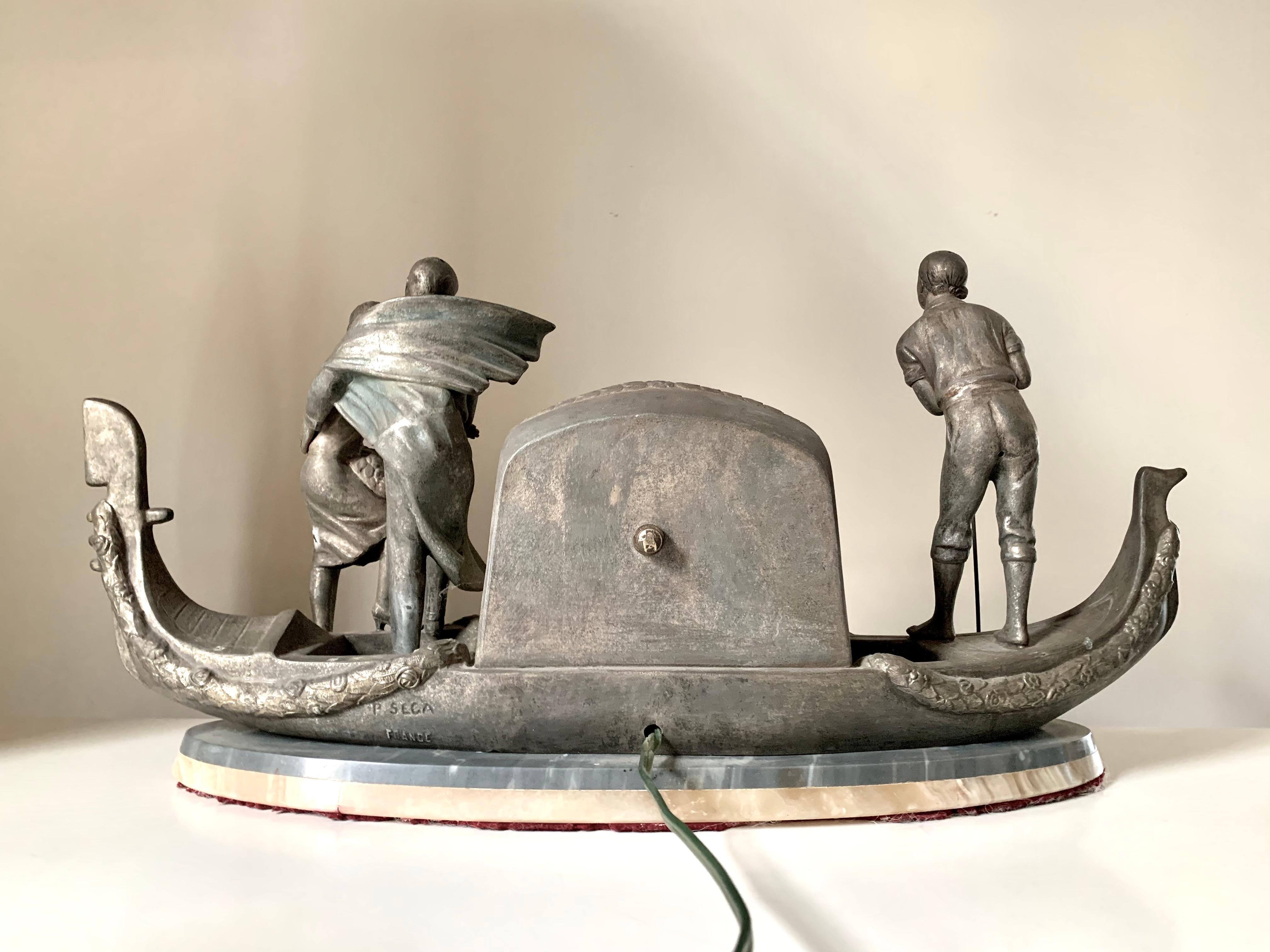 French Art Deco Pierre Sega Venetian Gondola Figural Silvered Metal Marble Lamp For Sale 5