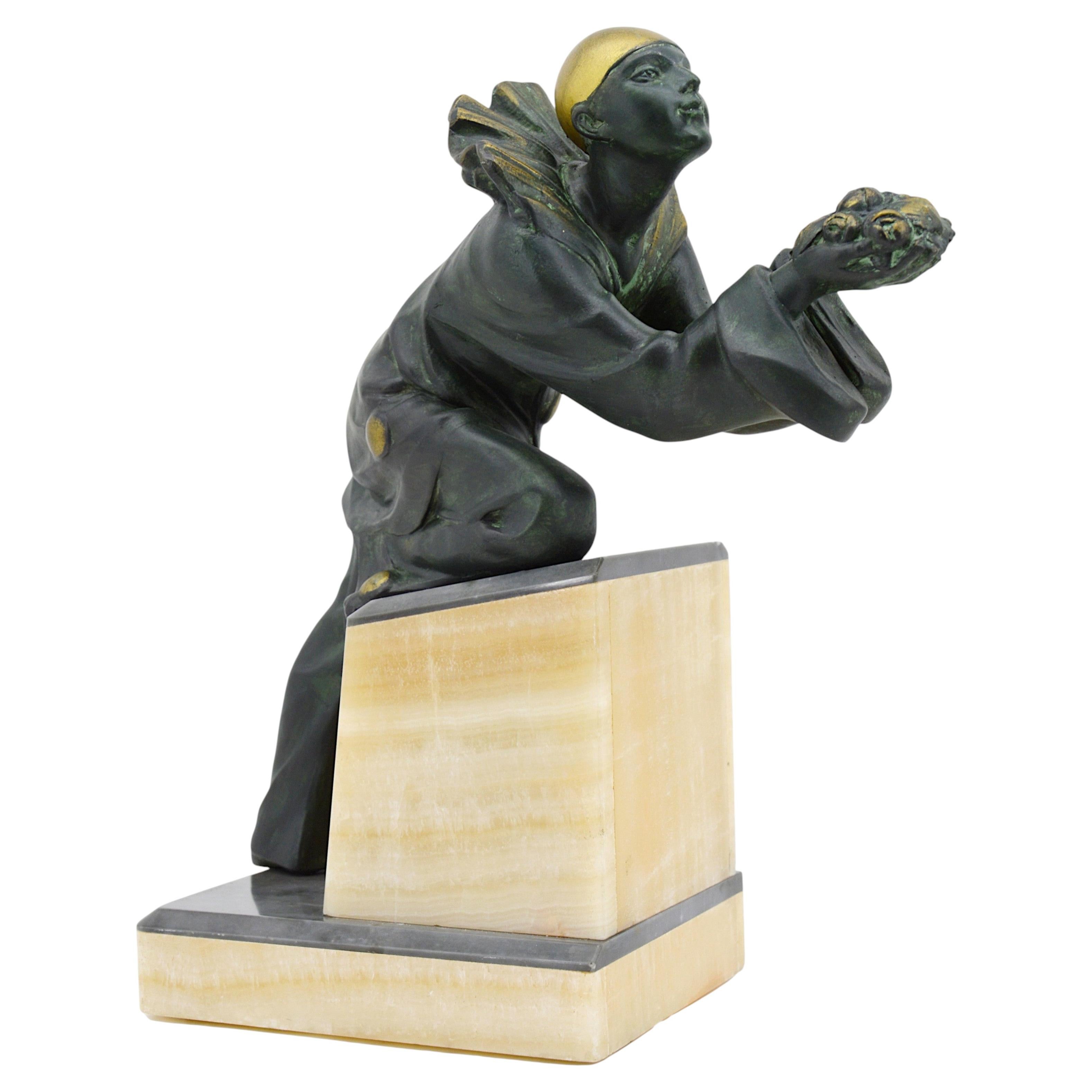 French Art Deco Pierrot Sculpture, Spelter & Onyx, 1920s, France