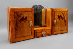 French Art Deco Pine Wood Wall Cabinet with Bird Marquetry, Mirror, ca. 1930s
