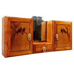 French Art Deco Pine Wood Wall Cabinet with Bird Marquetry, Mirror, ca. 1930s
