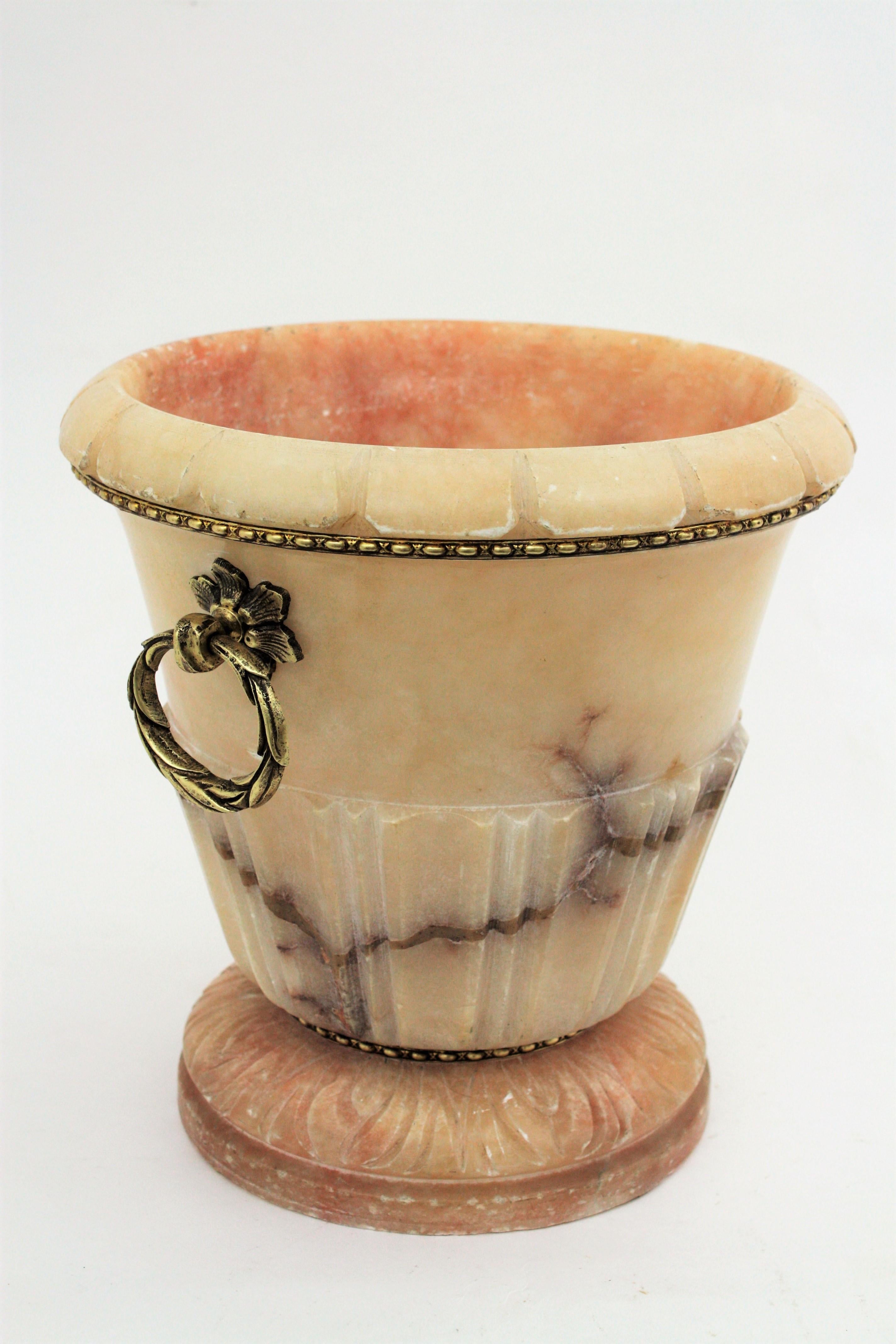 French Art Deco Pink Alabaster and Bronze Neoclassical Urn Vase / Wine Cooler 4