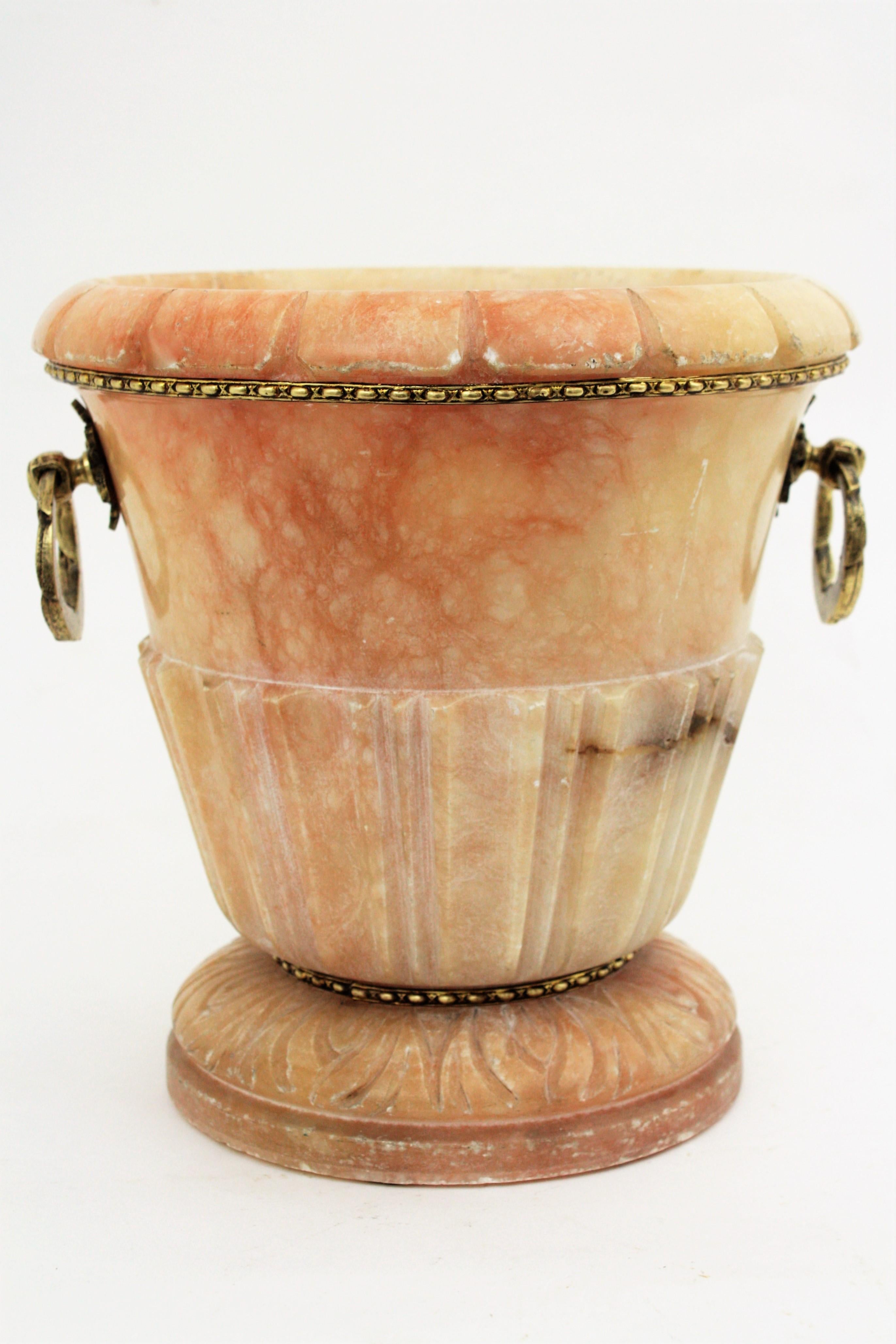 20th Century French Art Deco Pink Alabaster and Bronze Neoclassical Urn Vase / Wine Cooler