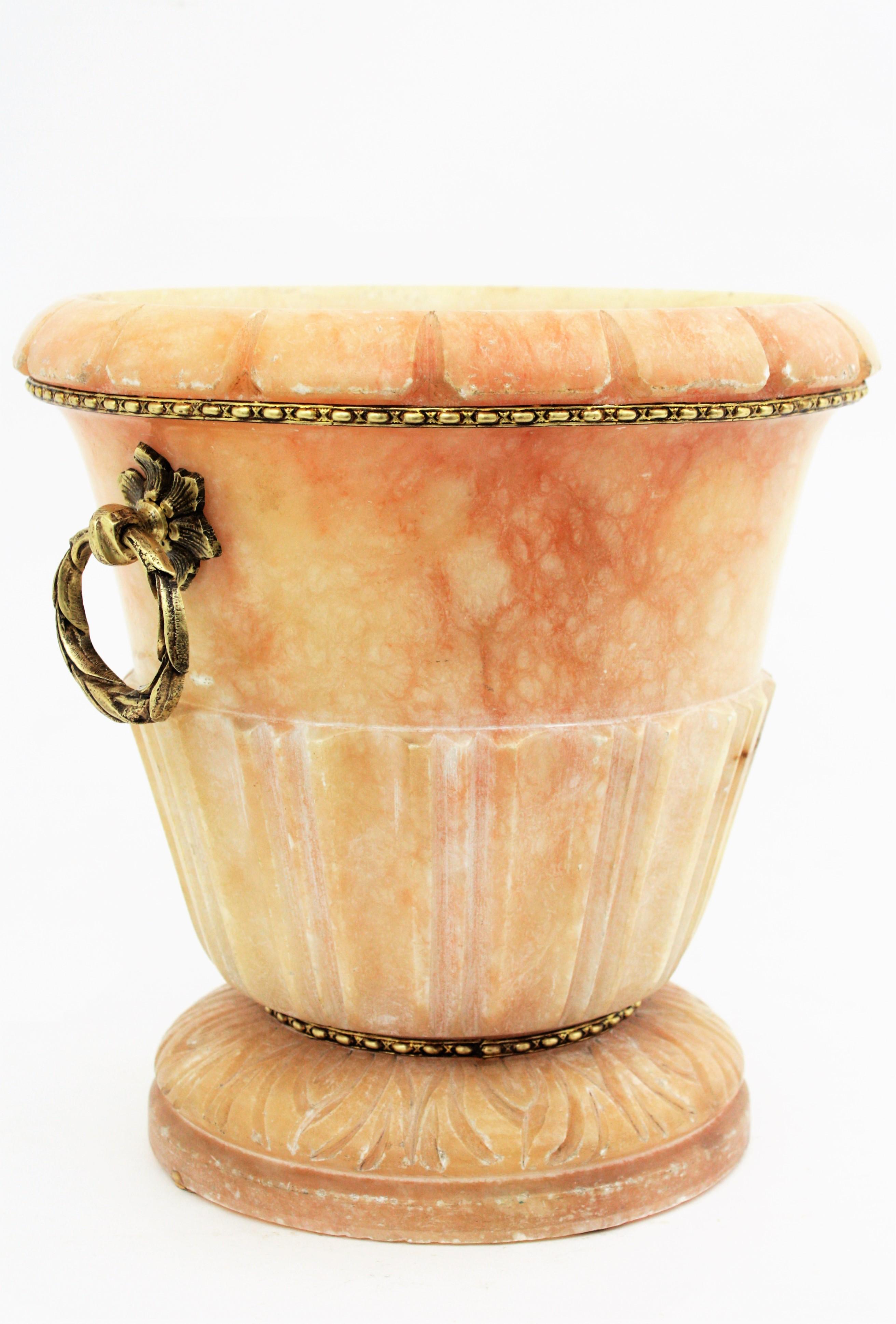 Brass French Art Deco Pink Alabaster and Bronze Neoclassical Urn Vase / Wine Cooler