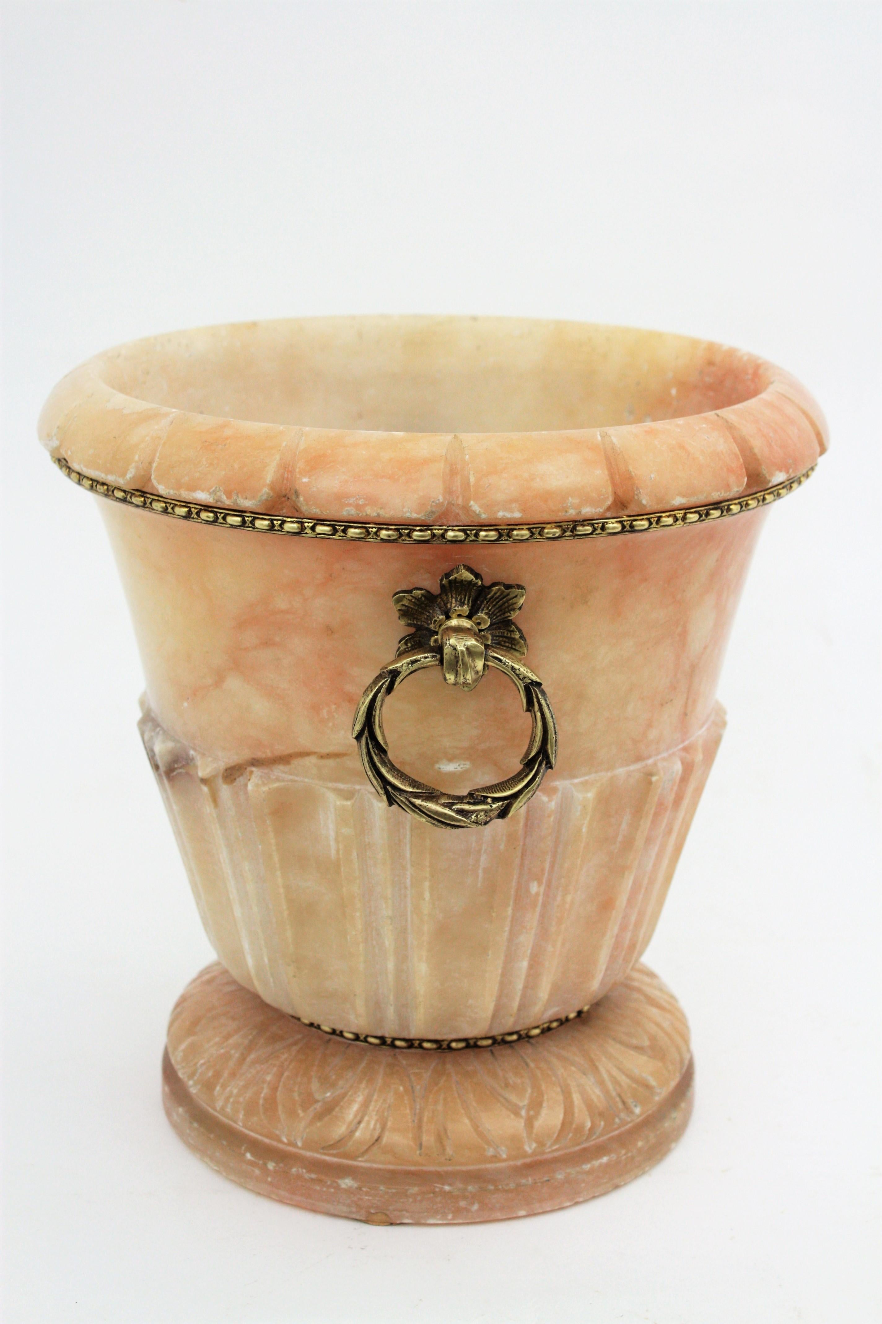 French Art Deco Pink Alabaster and Bronze Neoclassical Urn Vase / Wine Cooler 1