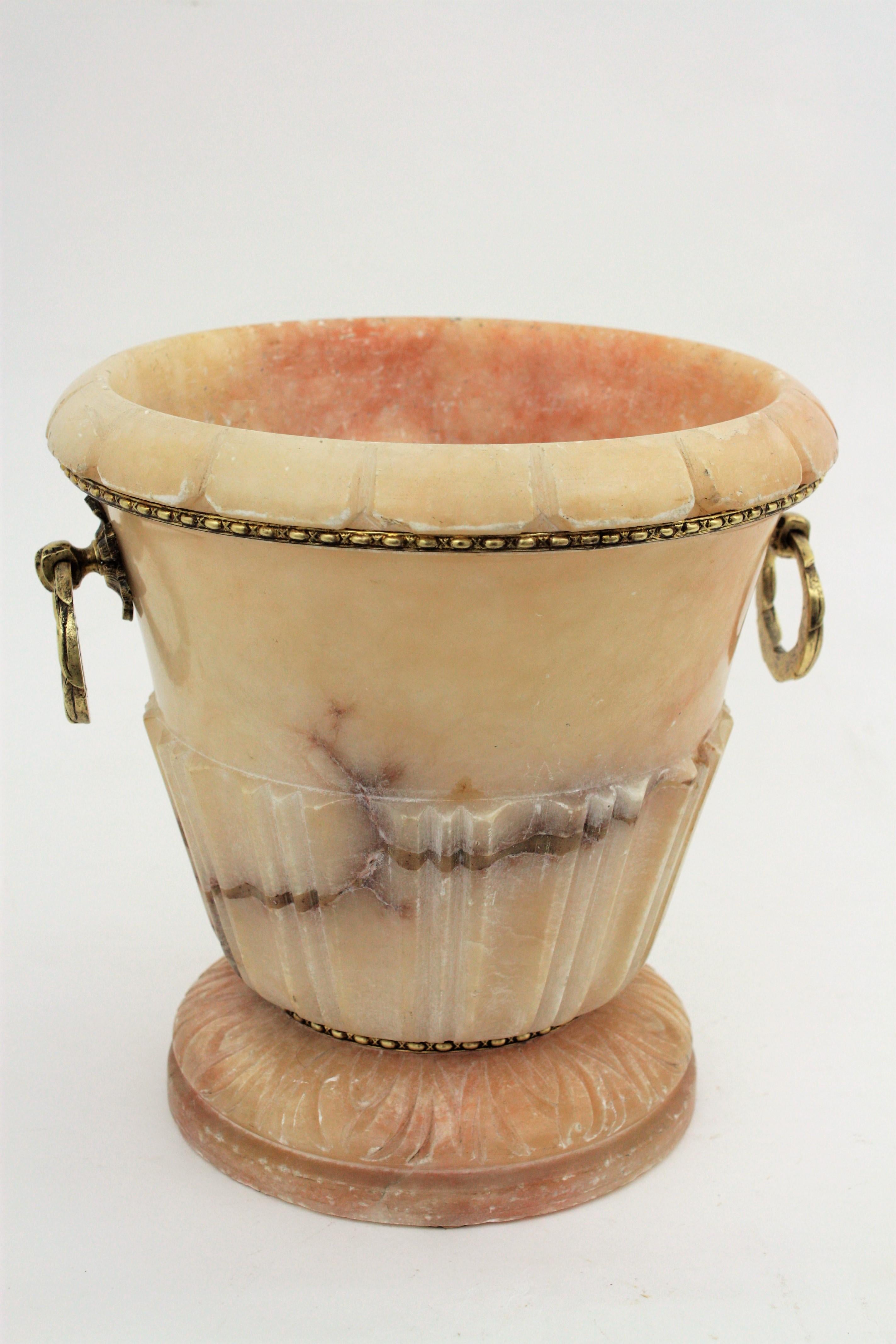 French Art Deco Pink Alabaster and Bronze Neoclassical Urn Vase / Wine Cooler 3