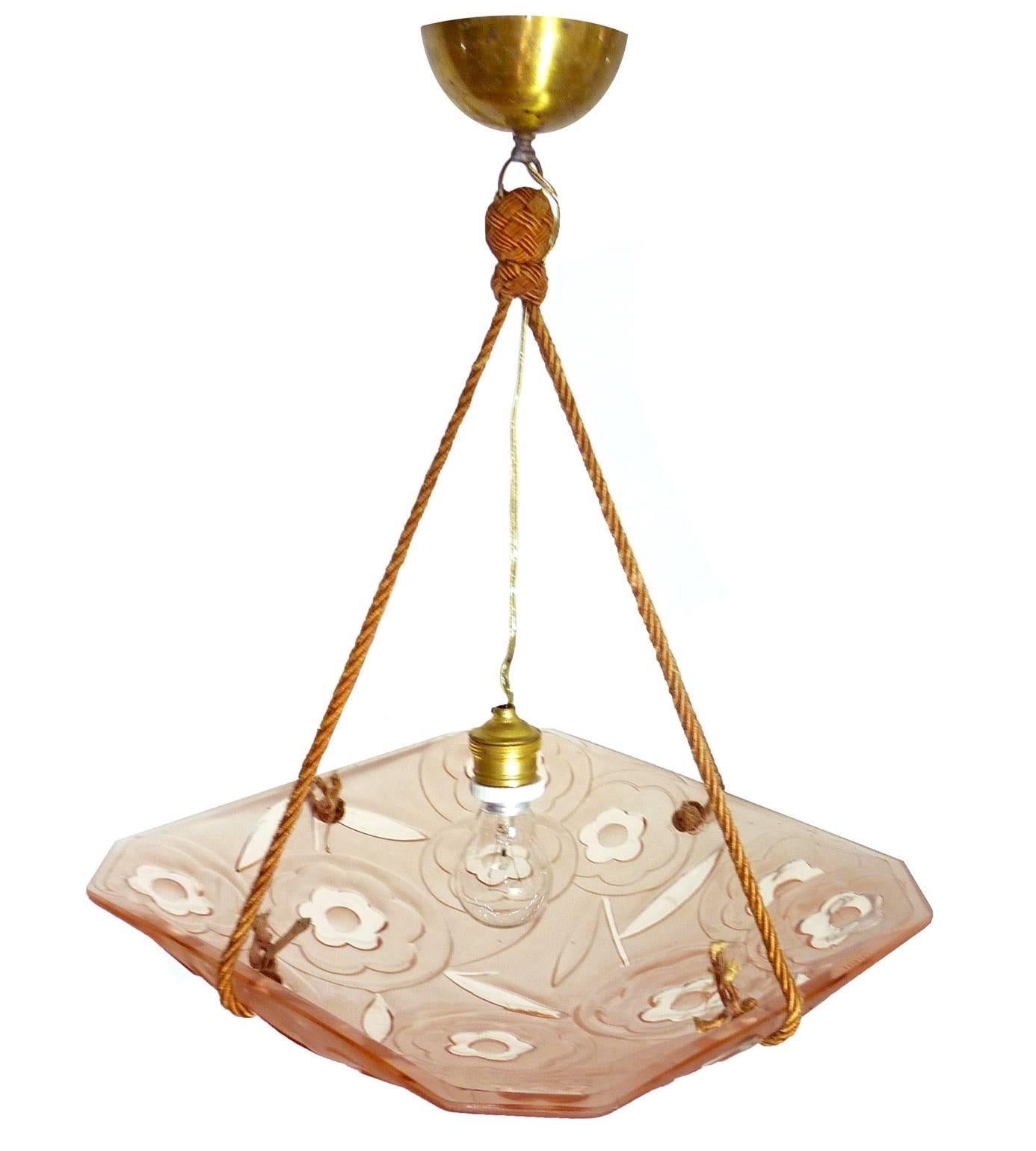 Frosted French Art Deco Pink Chandelier Pendant by Degué, circa 1930
