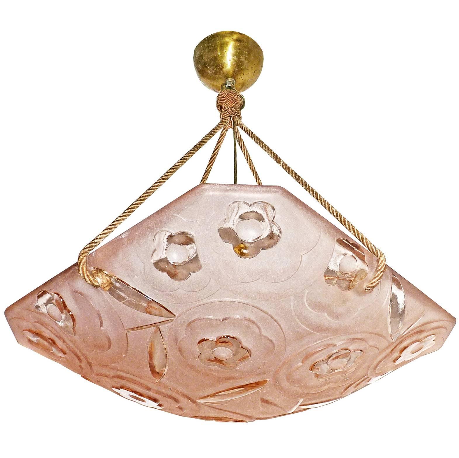 French Art Deco Pink Chandelier Pendant by Degué, circa 1930