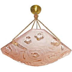 French Art Deco Pink Chandelier Pendant by Degué, circa 1930