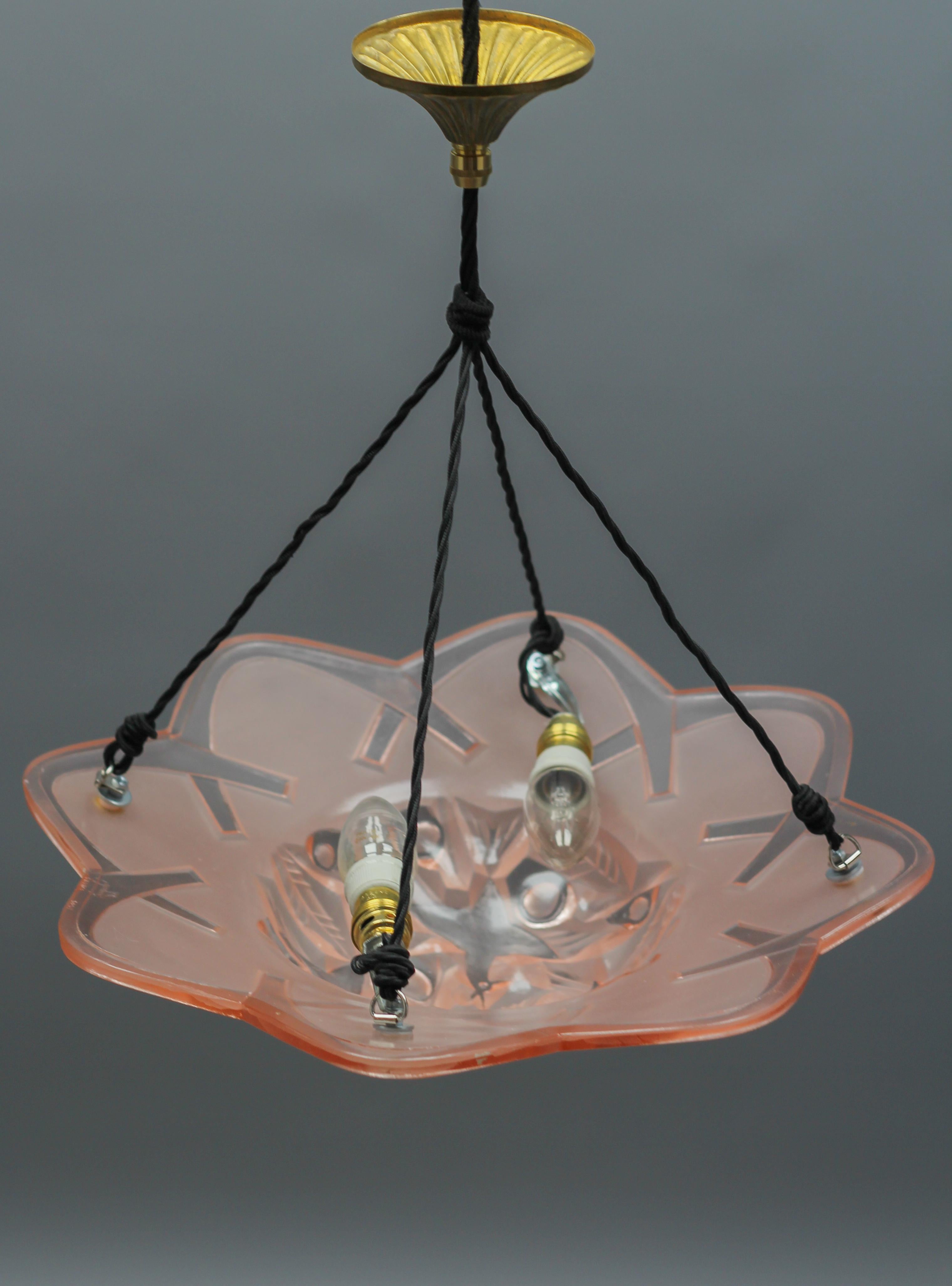 French Art Deco Pink Color Pendant Ceiling Light by Degue, 1930s 5