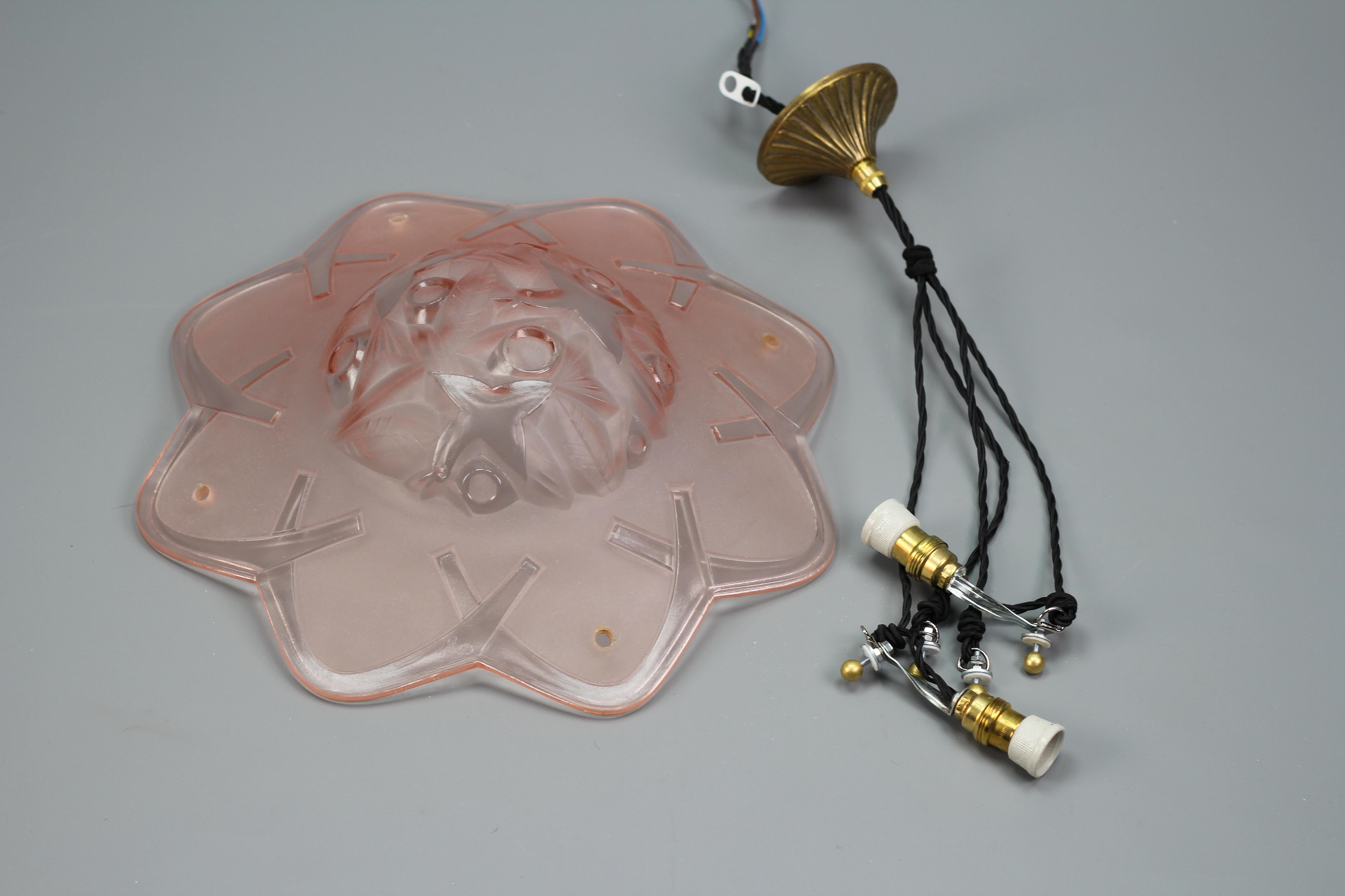 French Art Deco Pink Color Pendant Ceiling Light by Degue, 1930s 9