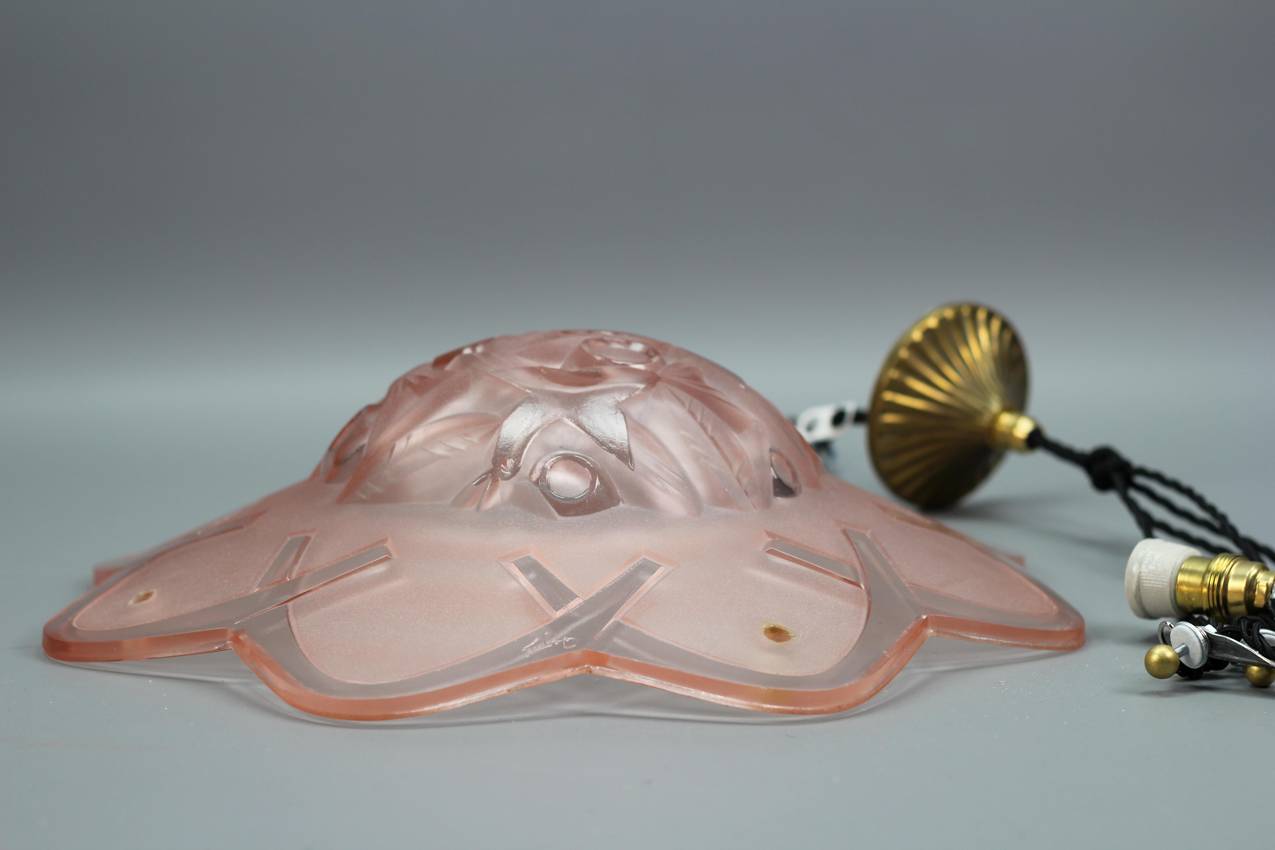 French Art Deco Pink Color Pendant Ceiling Light by Degue, 1930s 11