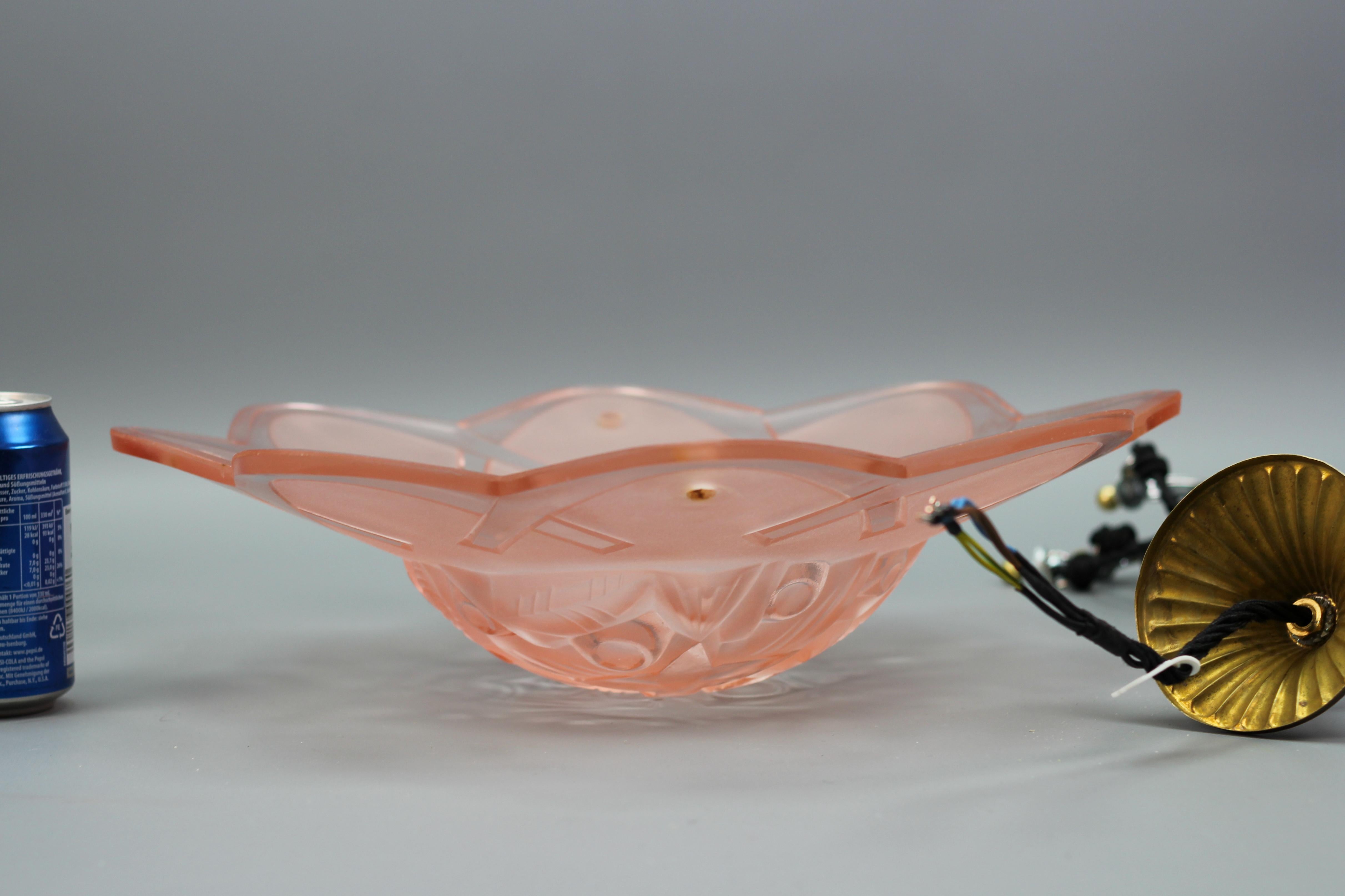 French Art Deco Pink Color Pendant Ceiling Light by Degue, 1930s 12