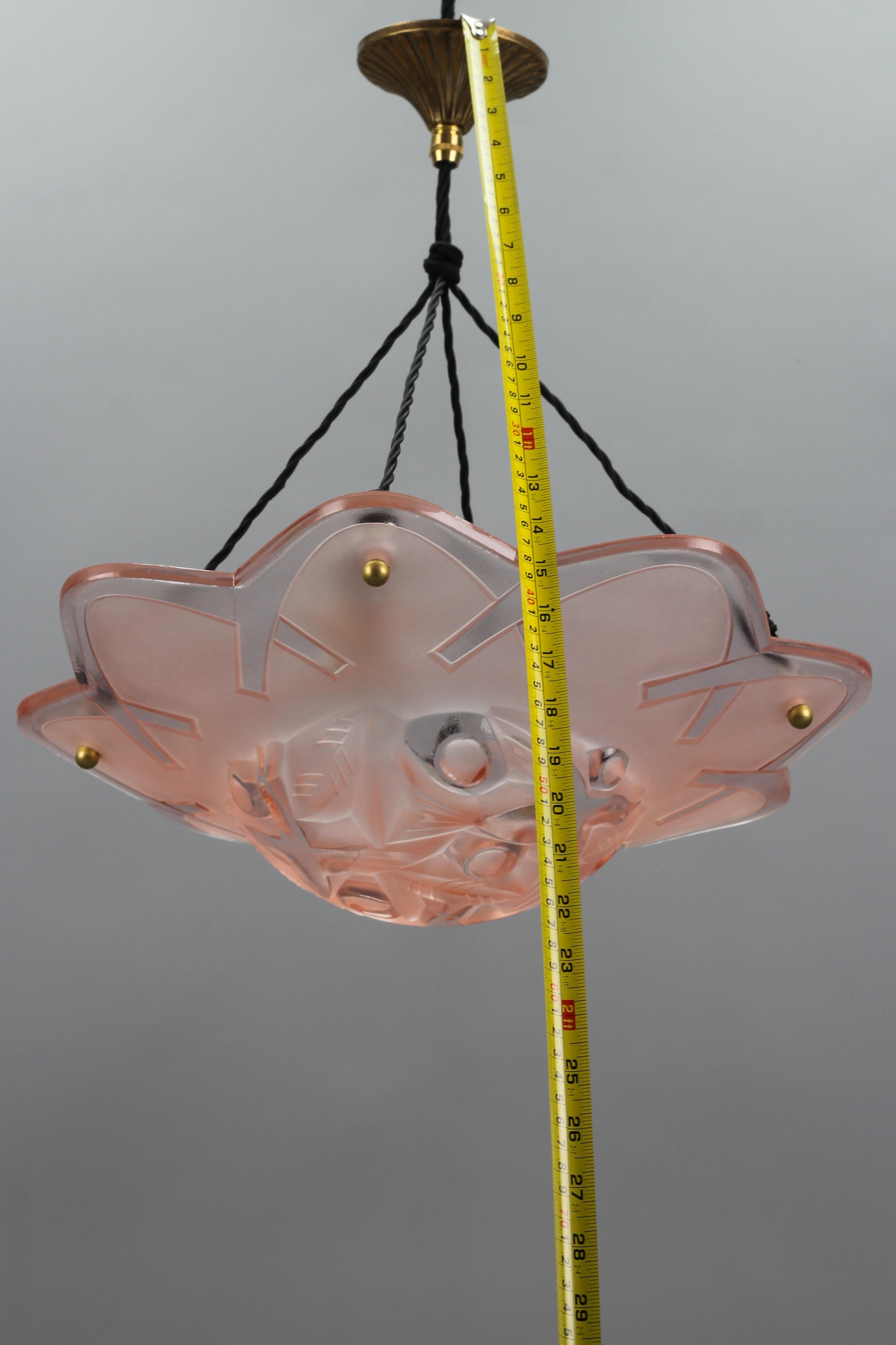 French Art Deco Pink Color Pendant Ceiling Light by Degue, 1930s 14