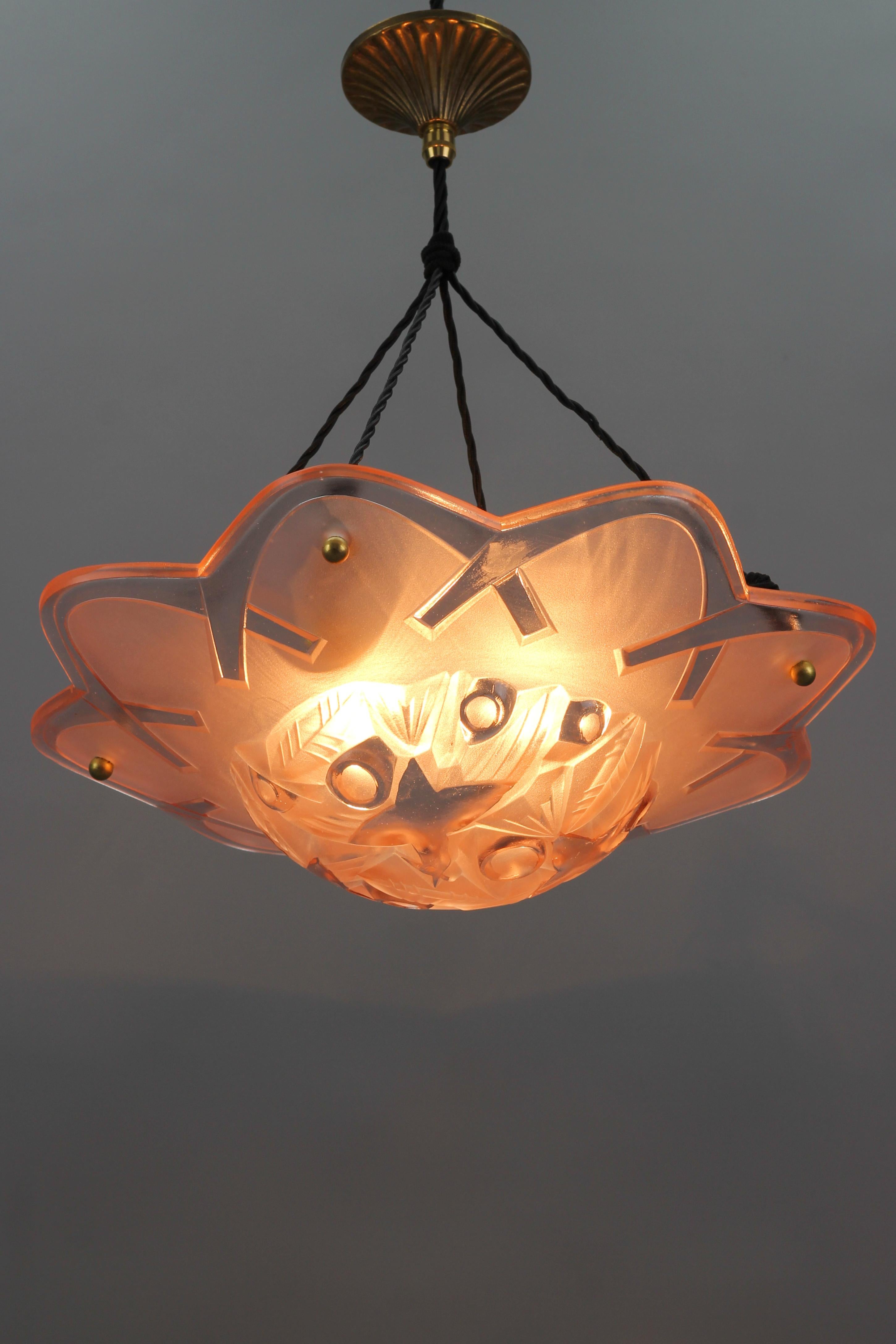 French Art Deco Pink Color Pendant Ceiling Light by Degue, 1930s 15