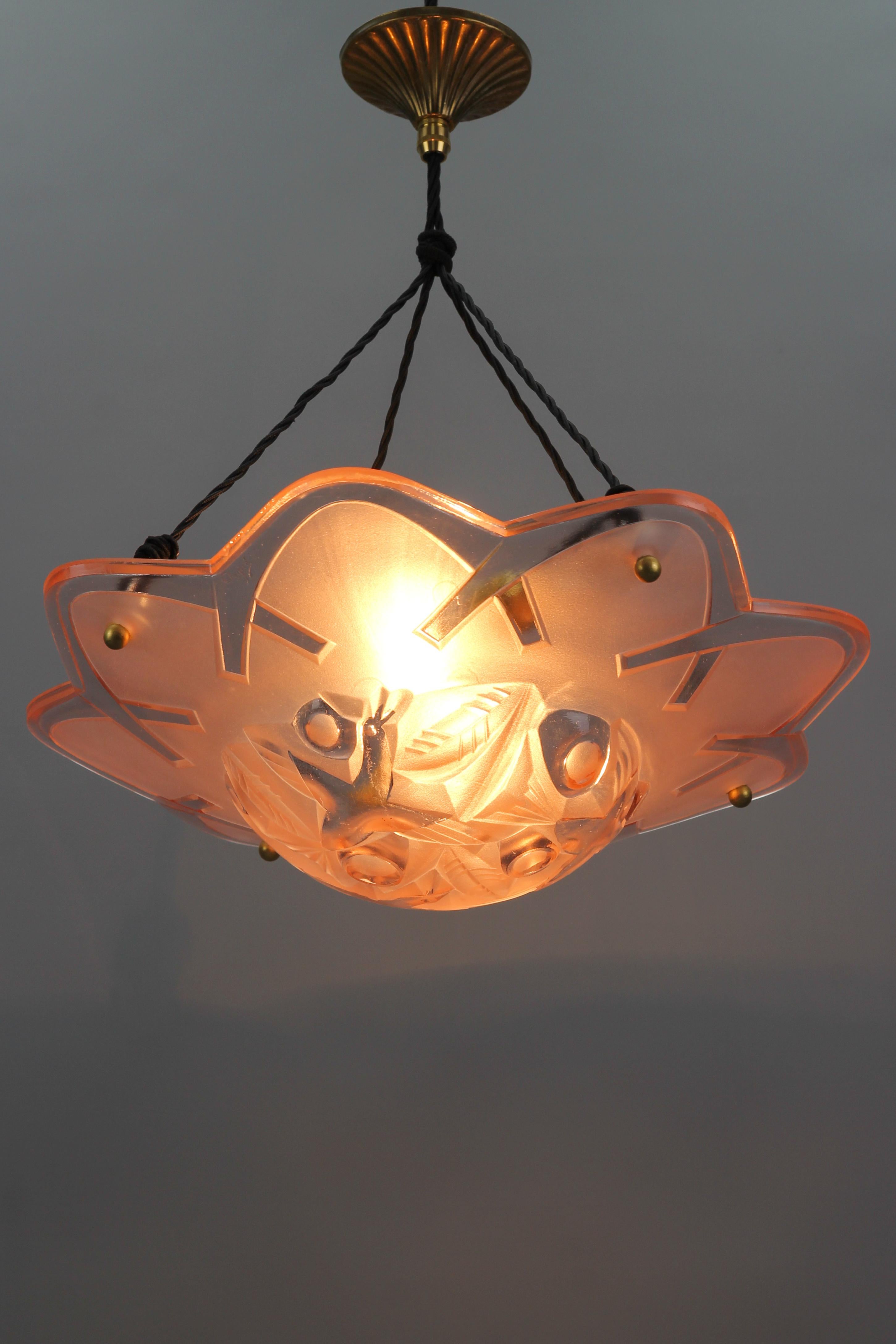 French Art Deco Pink Color Pendant Ceiling Light by Degue, 1930s In Good Condition In Barntrup, DE