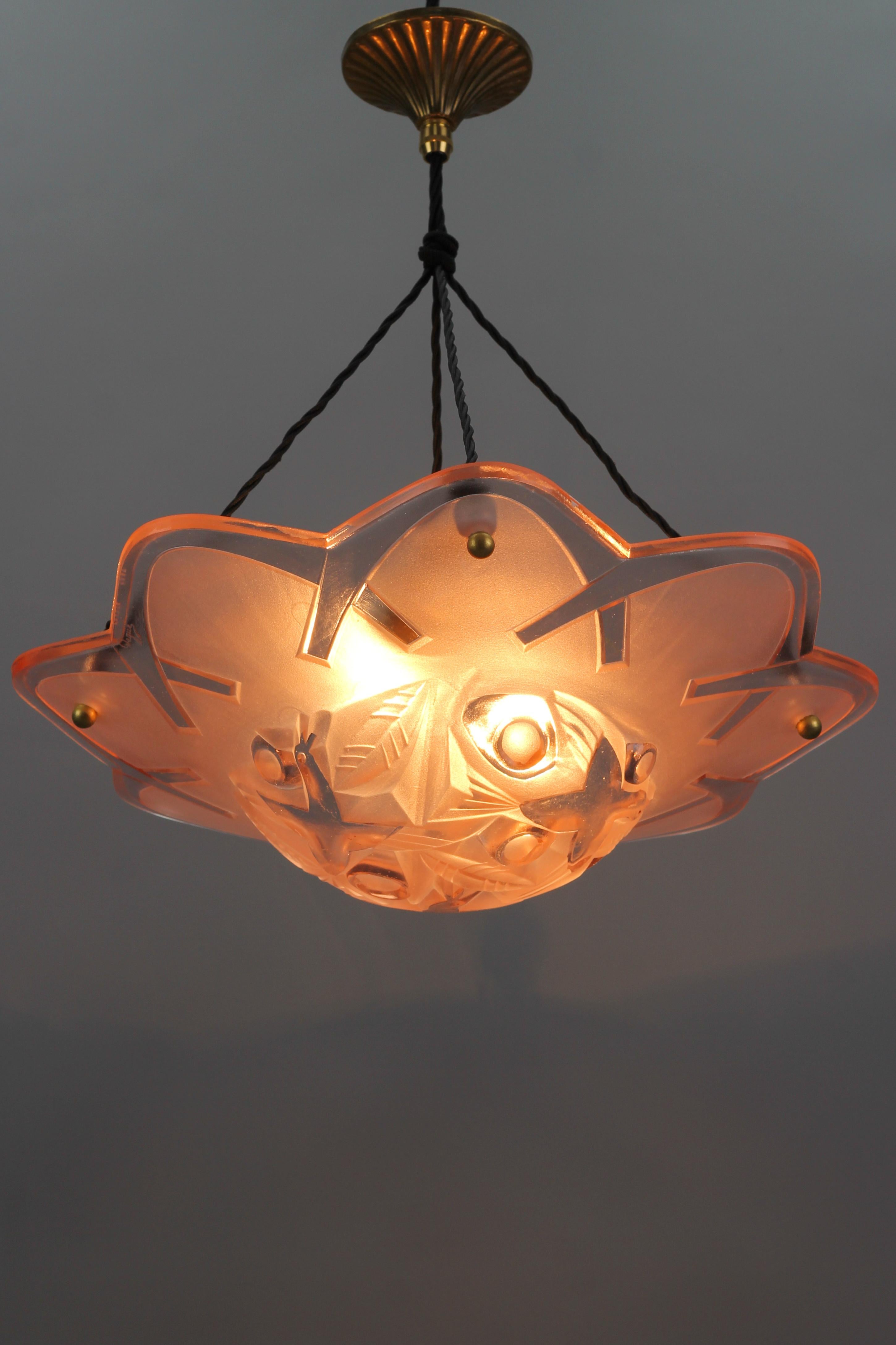 Mid-20th Century French Art Deco Pink Color Pendant Ceiling Light by Degue, 1930s