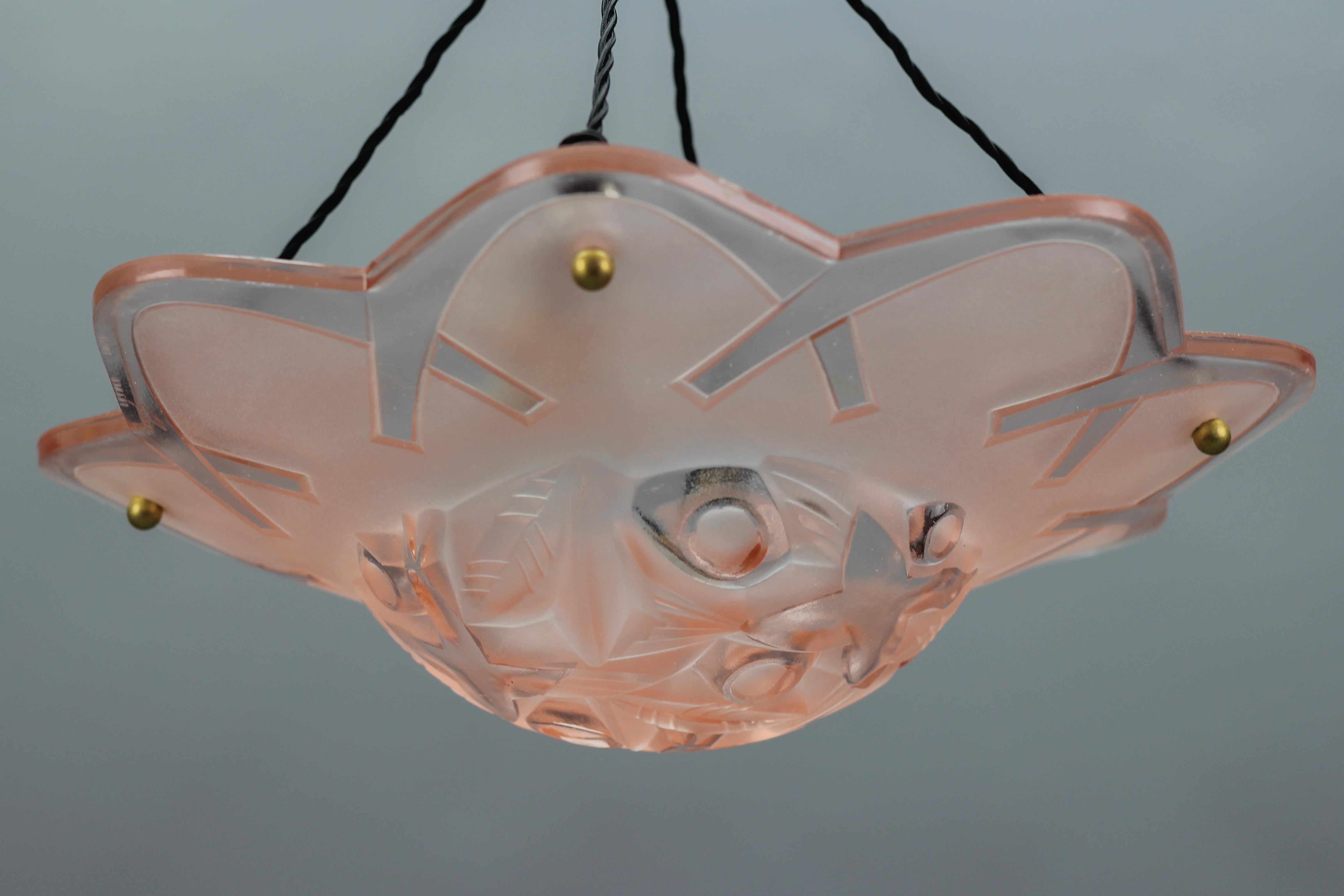 French Art Deco Pink Color Pendant Ceiling Light by Degue, 1930s 1