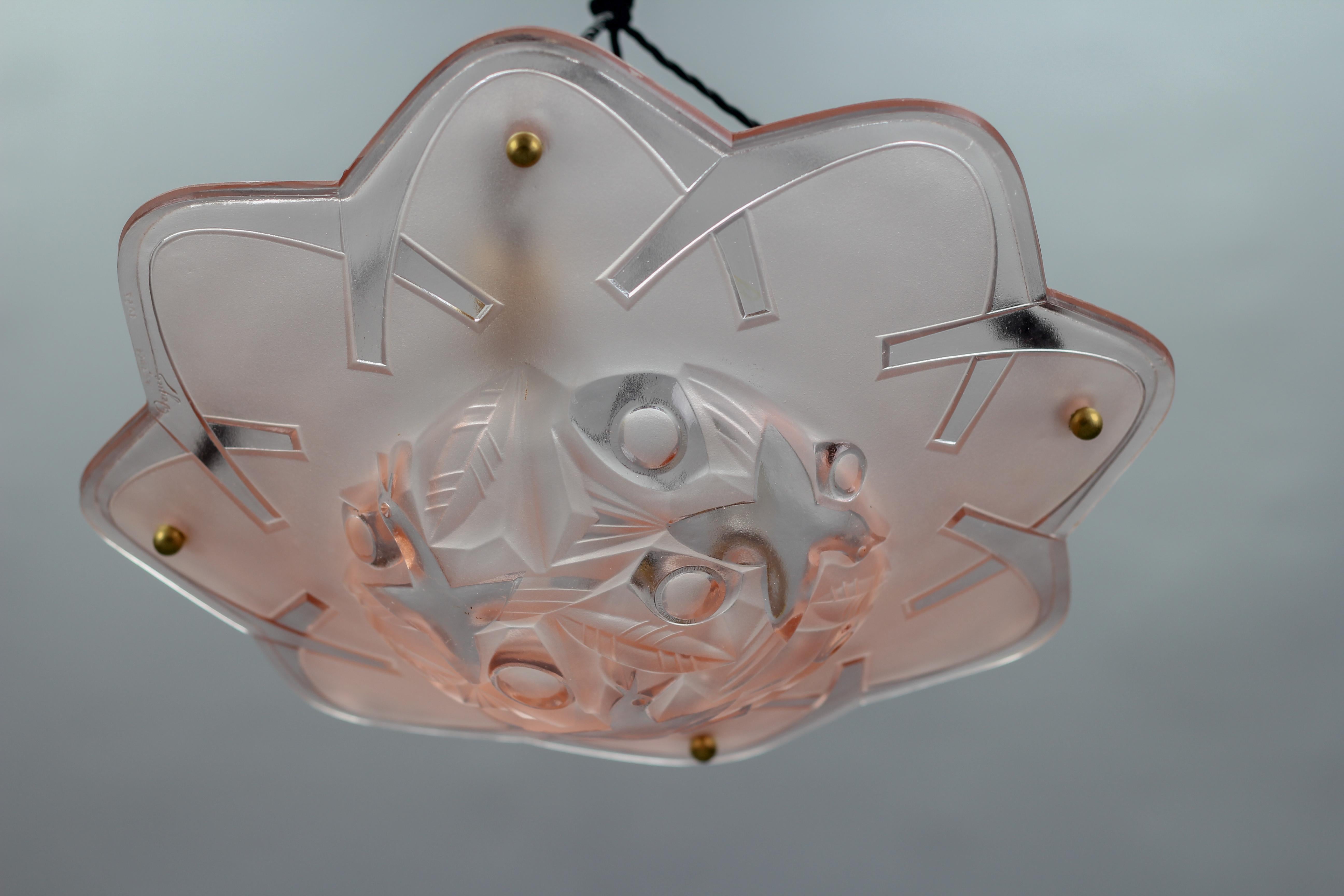 French Art Deco Pink Color Pendant Ceiling Light by Degue, 1930s 3