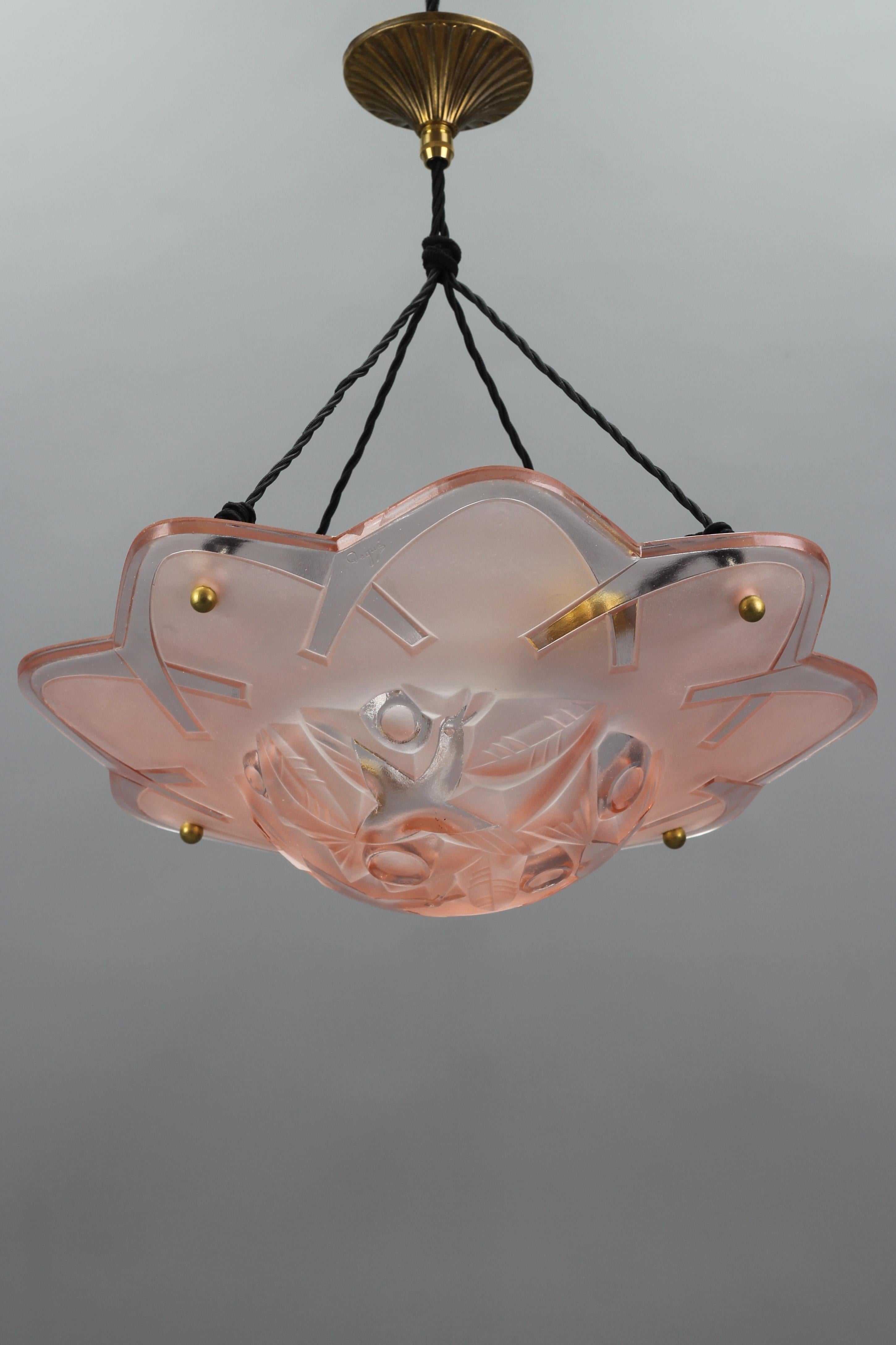French Art Deco Pink Color Pendant Ceiling Light by Degue, 1930s 4