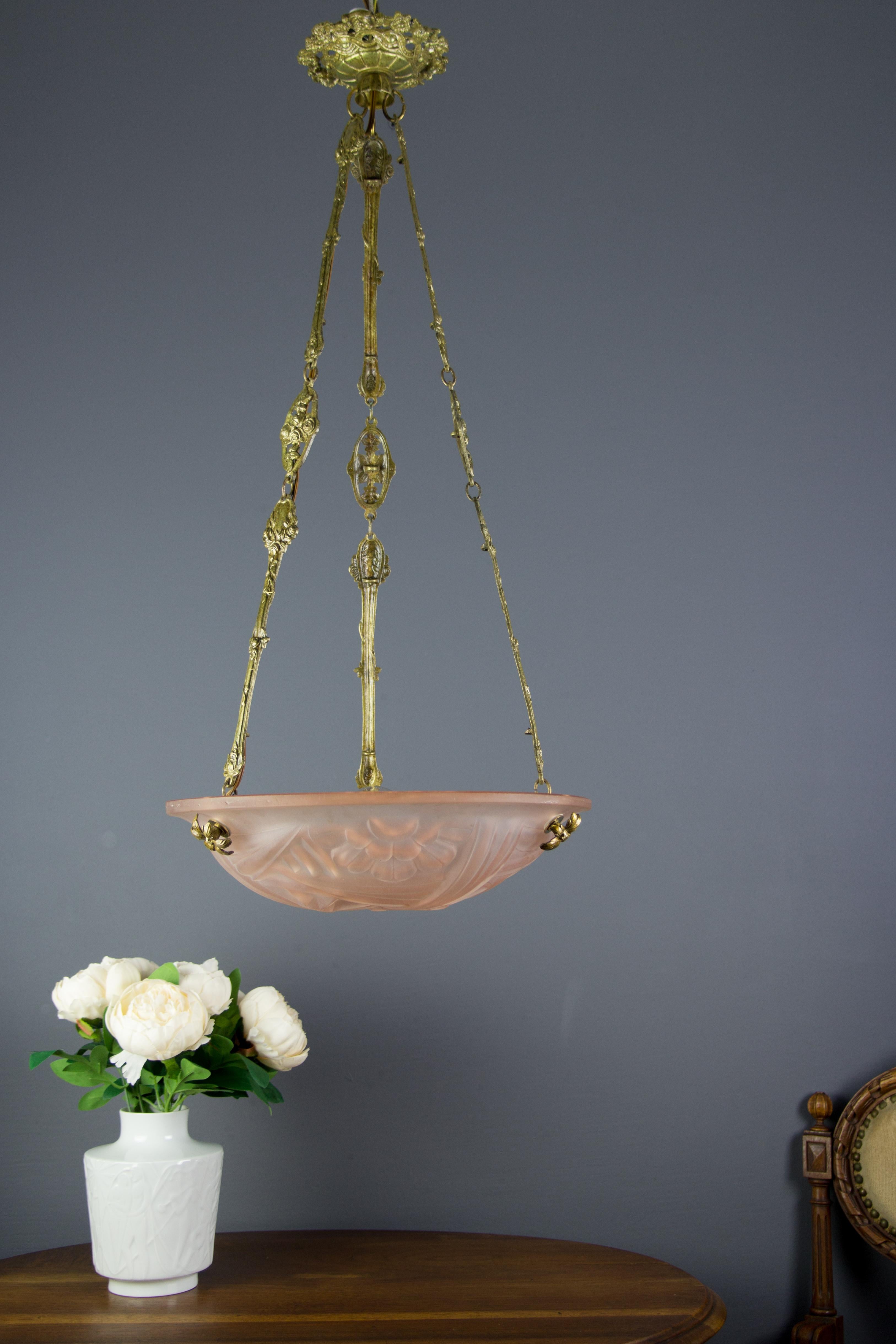 Frosted French Art Deco Pink Glass and Bronze Pendant Chandelier Signed Degue, 1920s