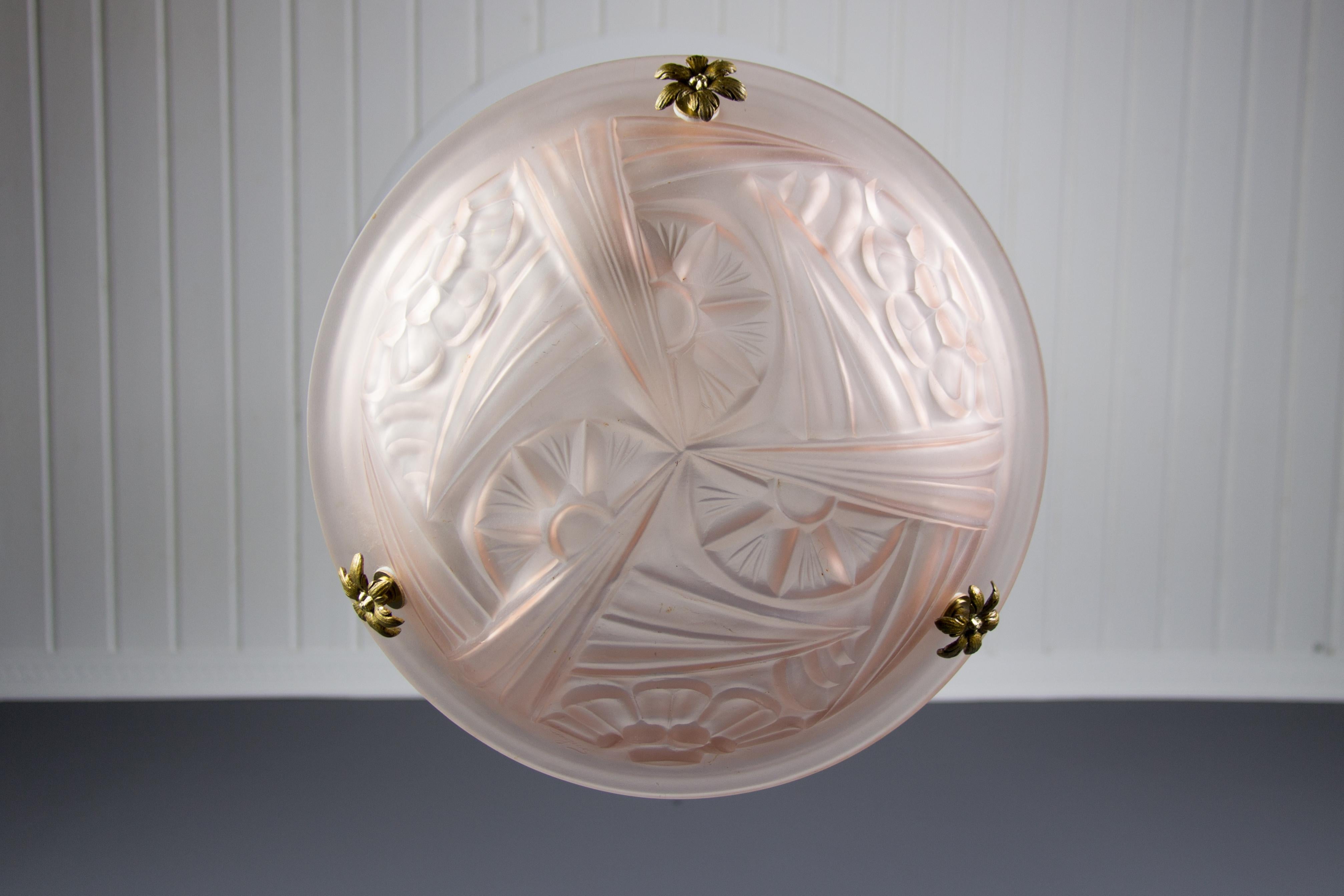 French Art Deco Pink Glass and Bronze Pendant Chandelier Signed Degue, 1920s 1