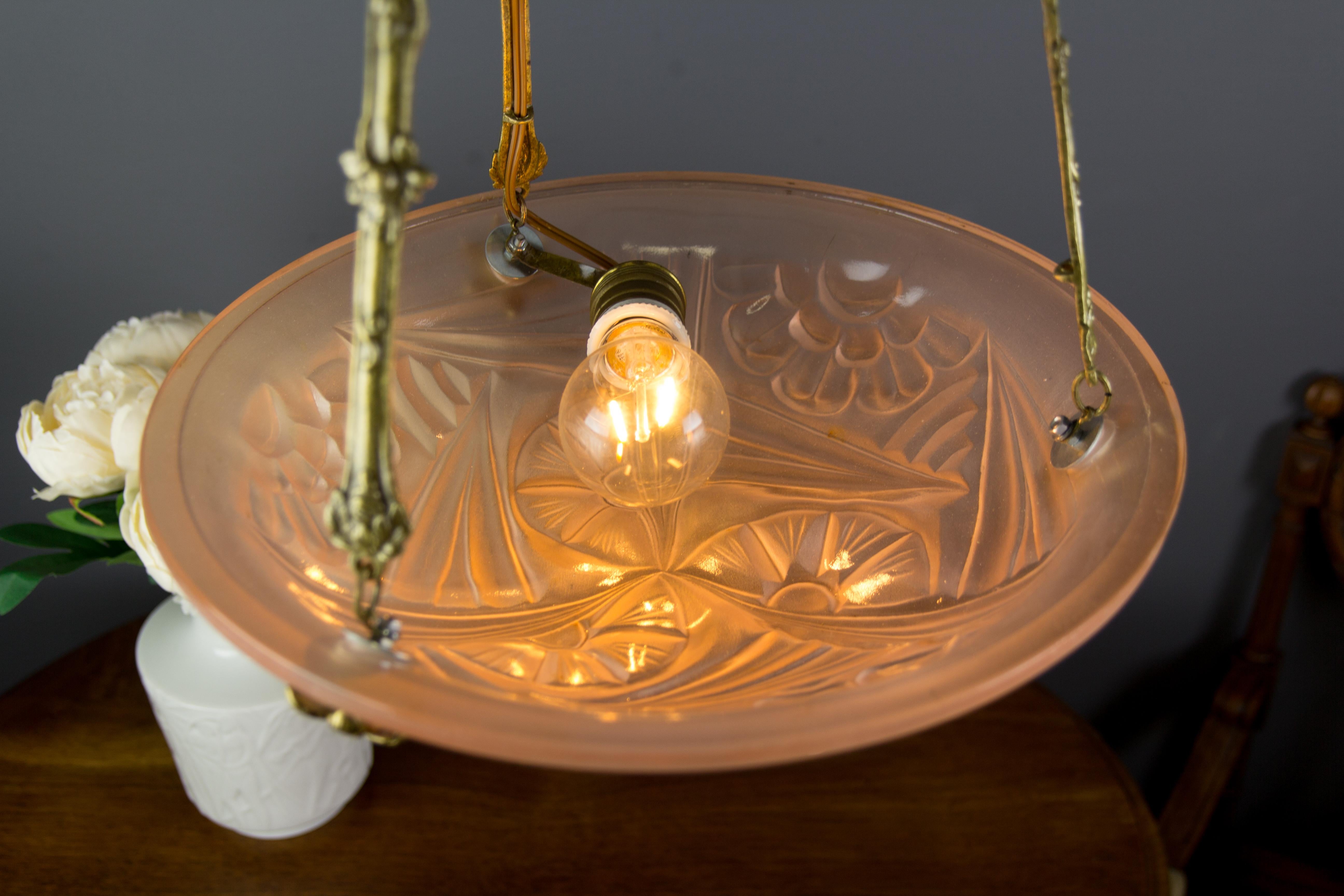 French Art Deco Pink Glass and Bronze Pendant Chandelier Signed Degue, 1920s 3