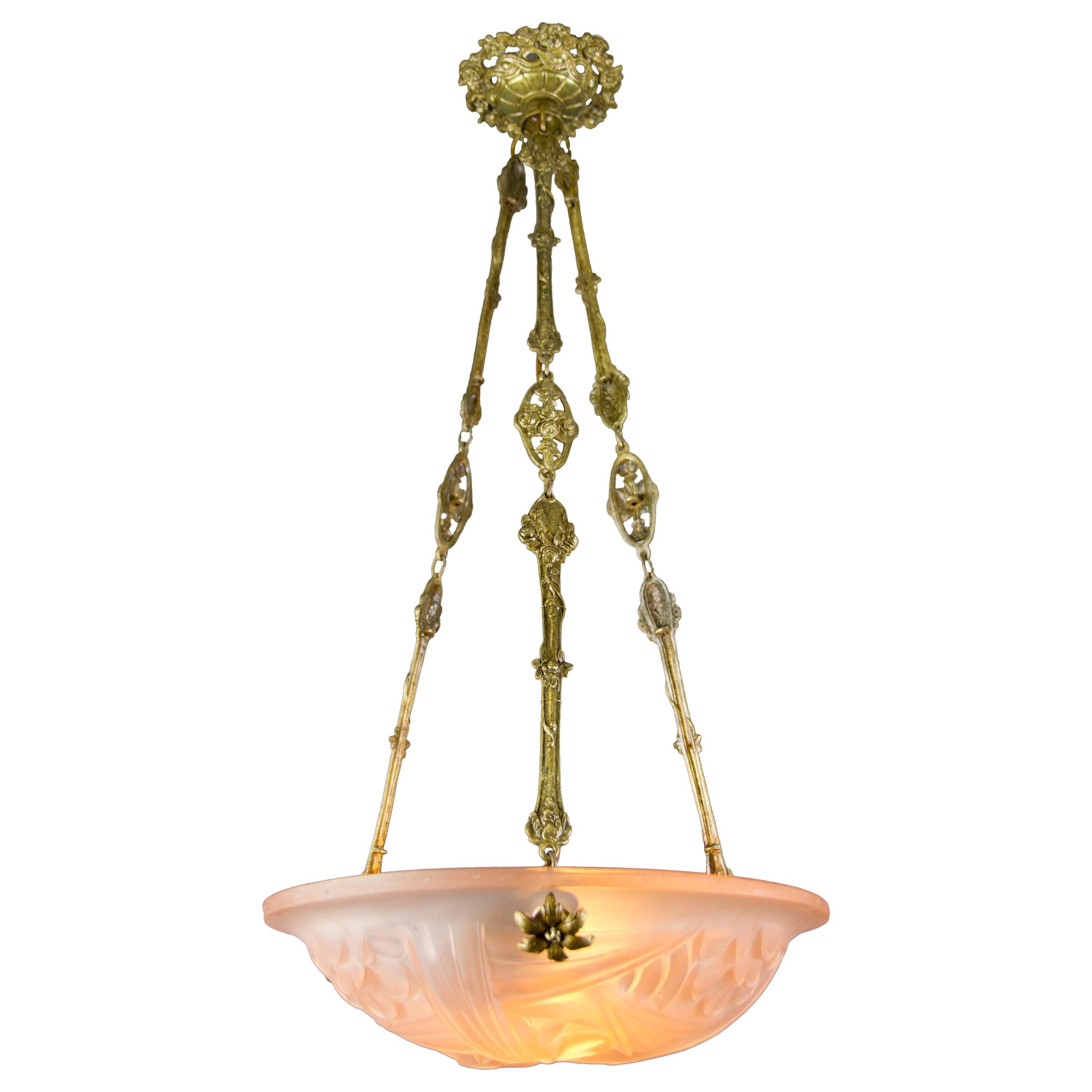 French Art Deco Pink Glass and Bronze Pendant Chandelier Signed Degue, 1920s