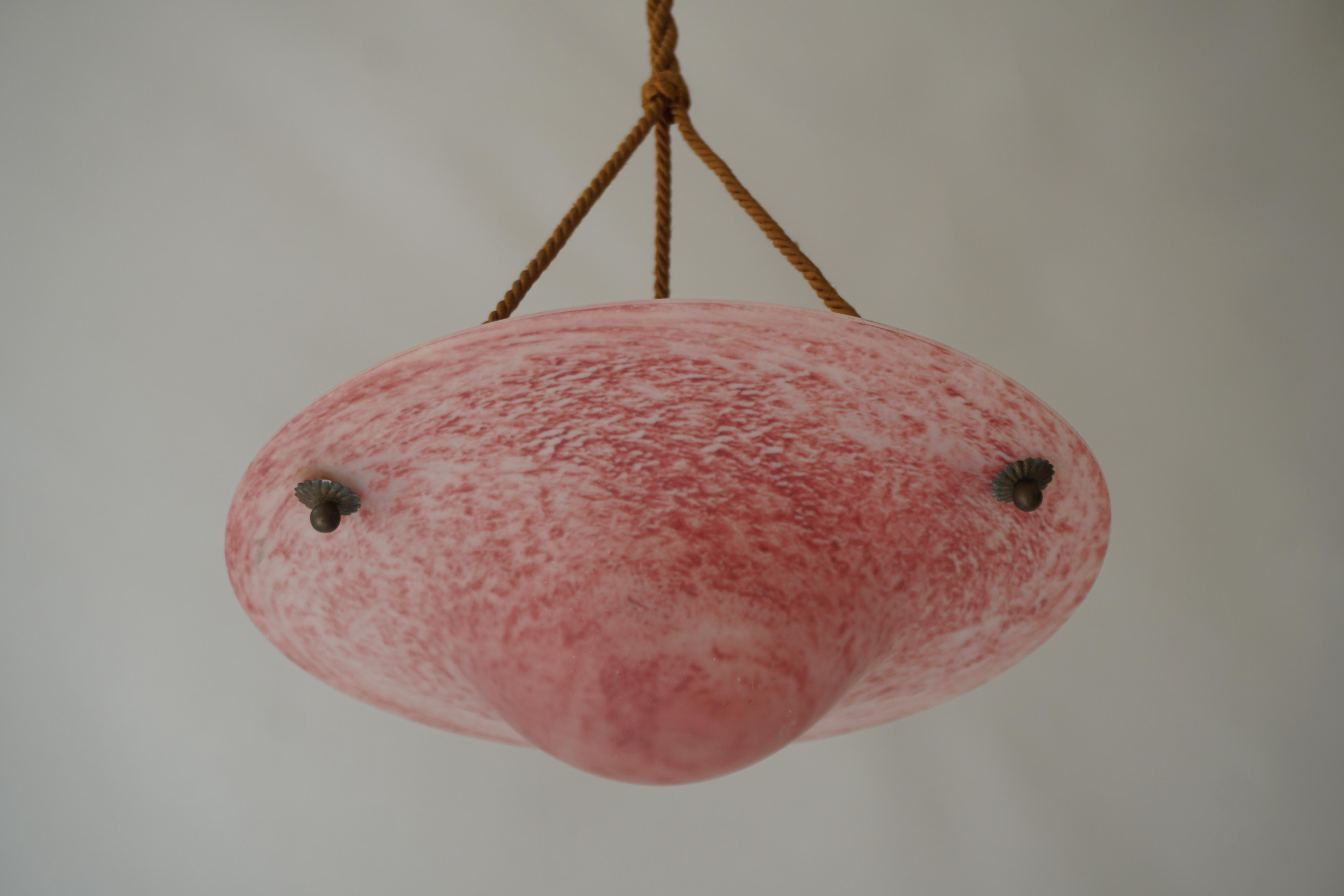 French Art Deco Pink Glass Pendant Light -1930s For Sale 5
