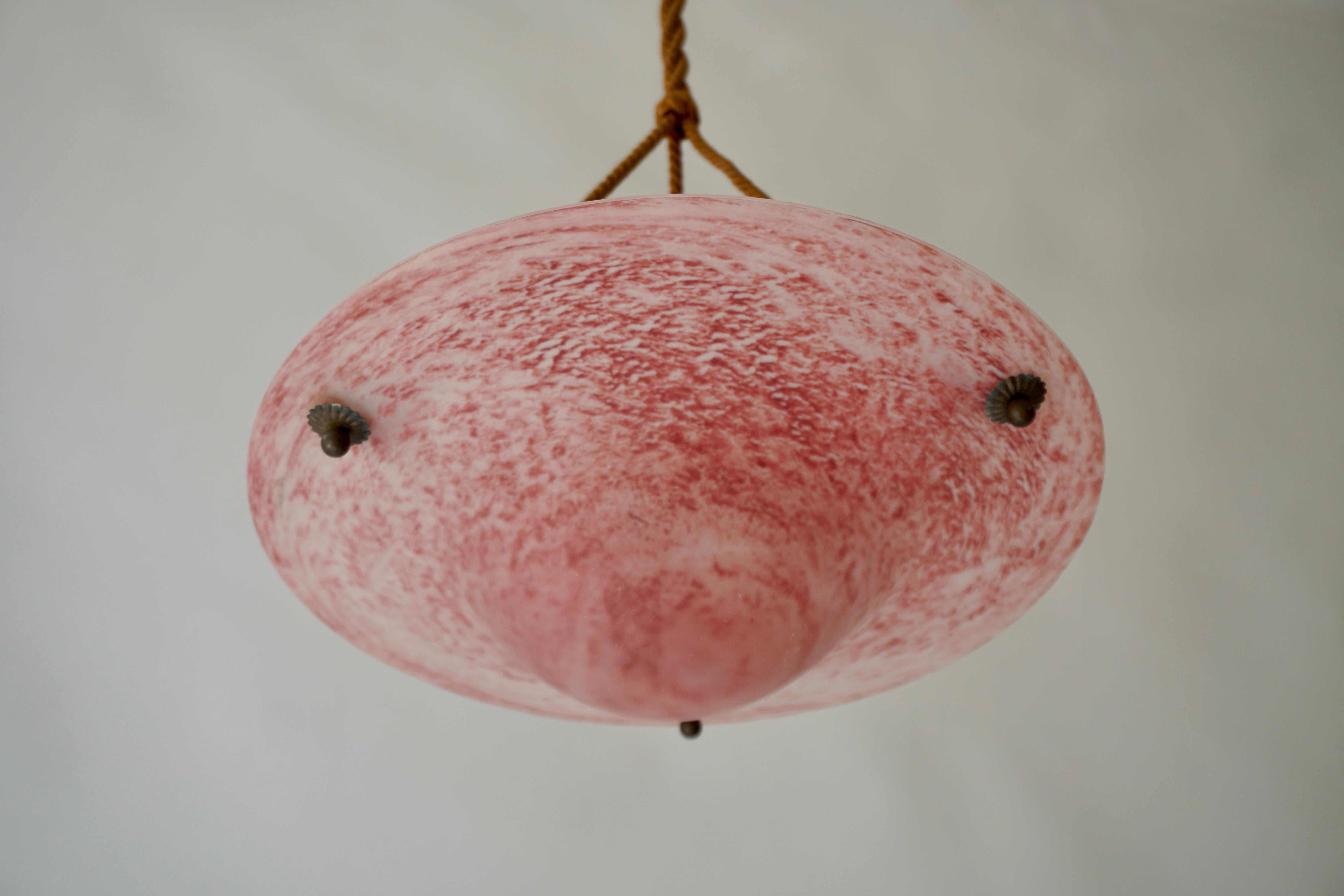 French Art Deco Pink Glass Pendant Light -1930s For Sale 6