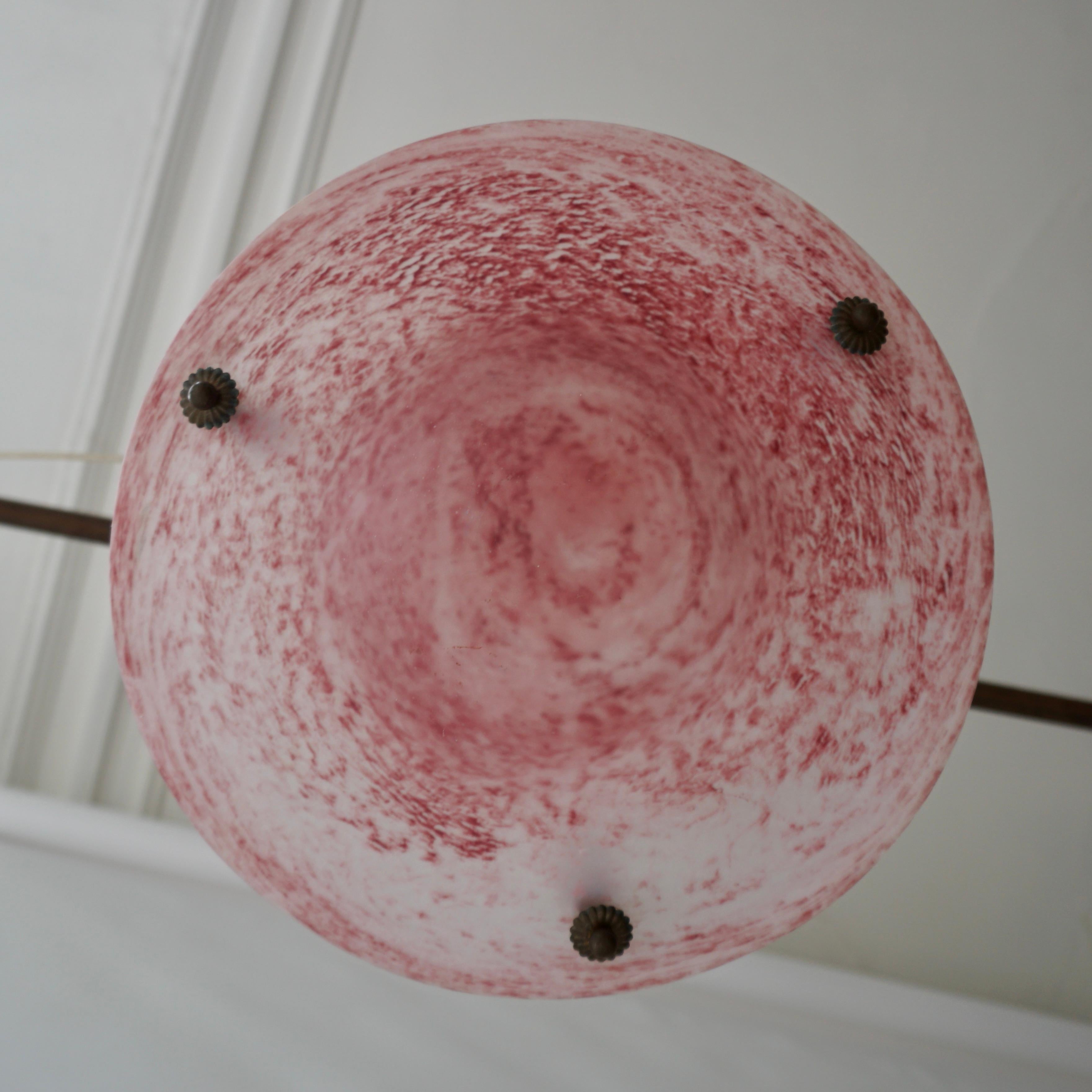 Hand-Crafted French Art Deco Pink Glass Pendant Light -1930s For Sale