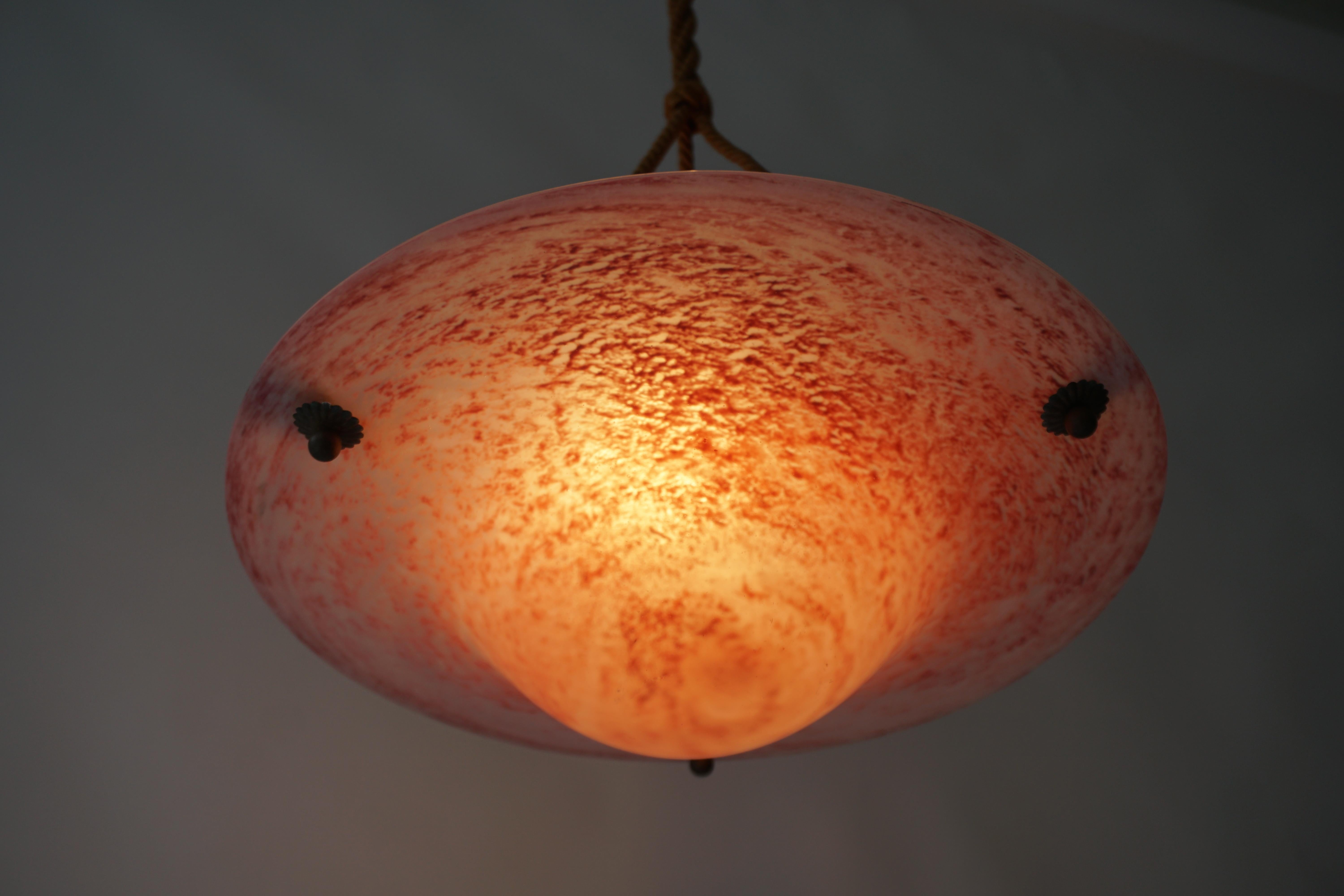 20th Century French Art Deco Pink Glass Pendant Light -1930s For Sale