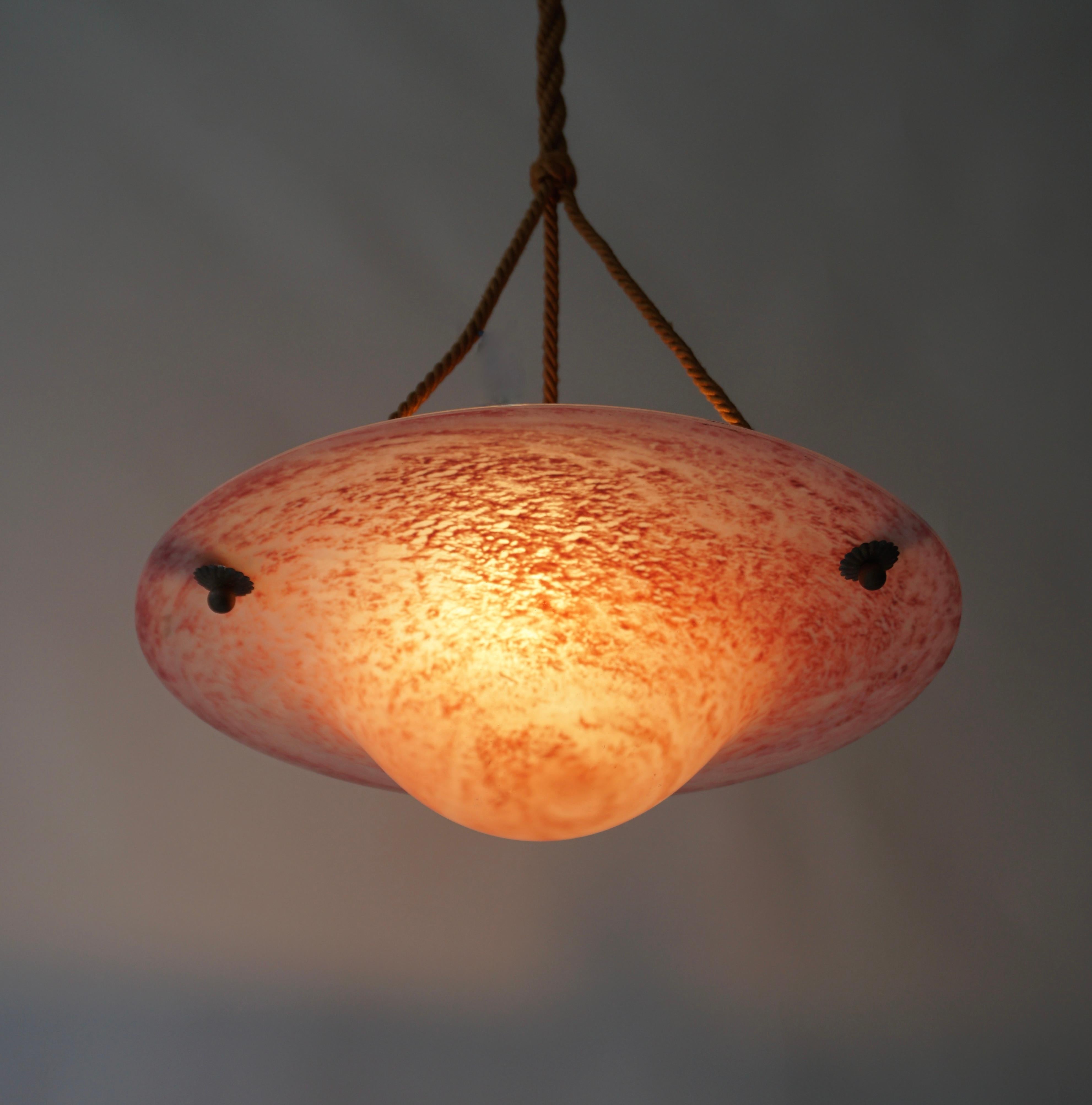 Brass French Art Deco Pink Glass Pendant Light -1930s For Sale