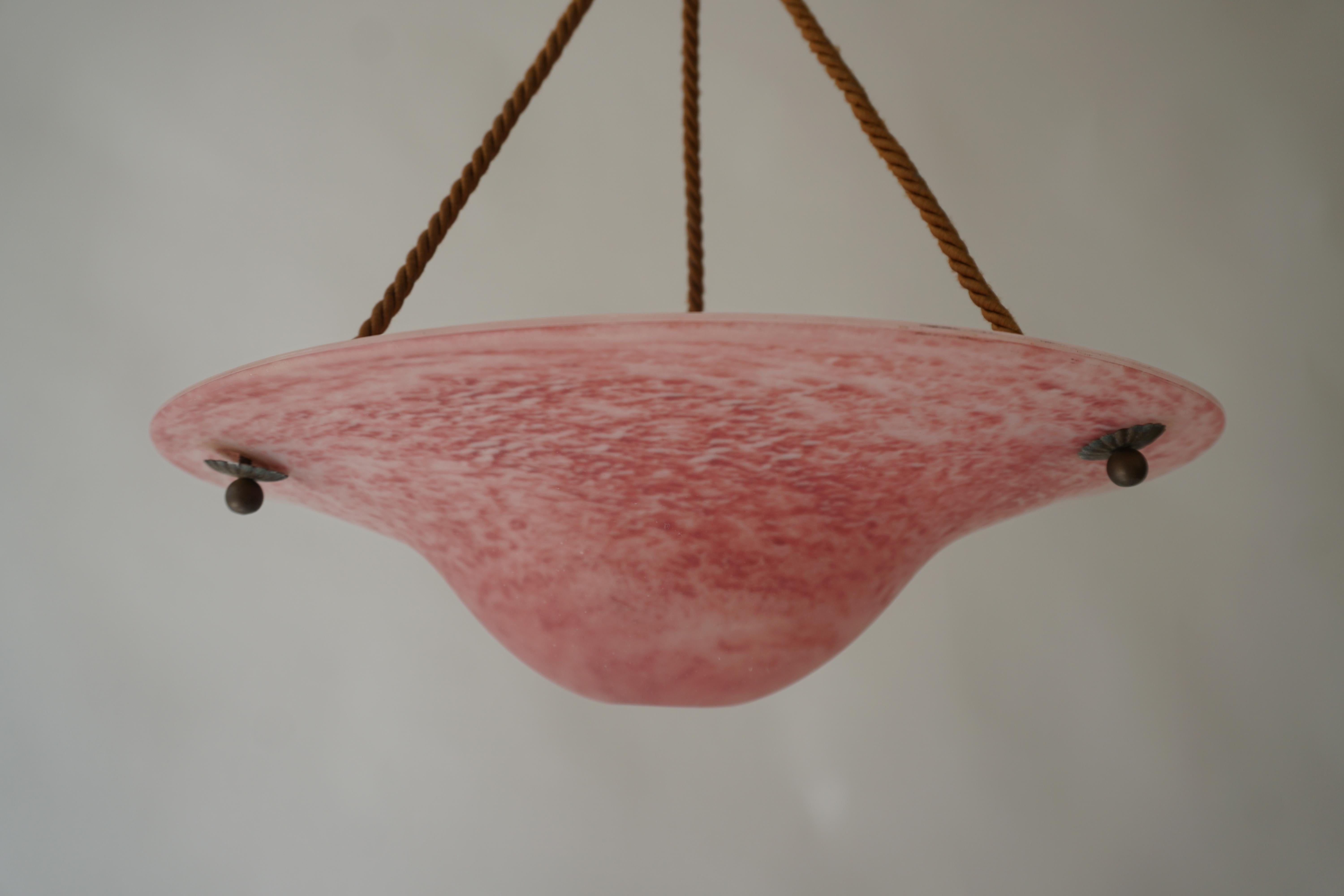 French Art Deco Pink Glass Pendant Light -1930s For Sale 3