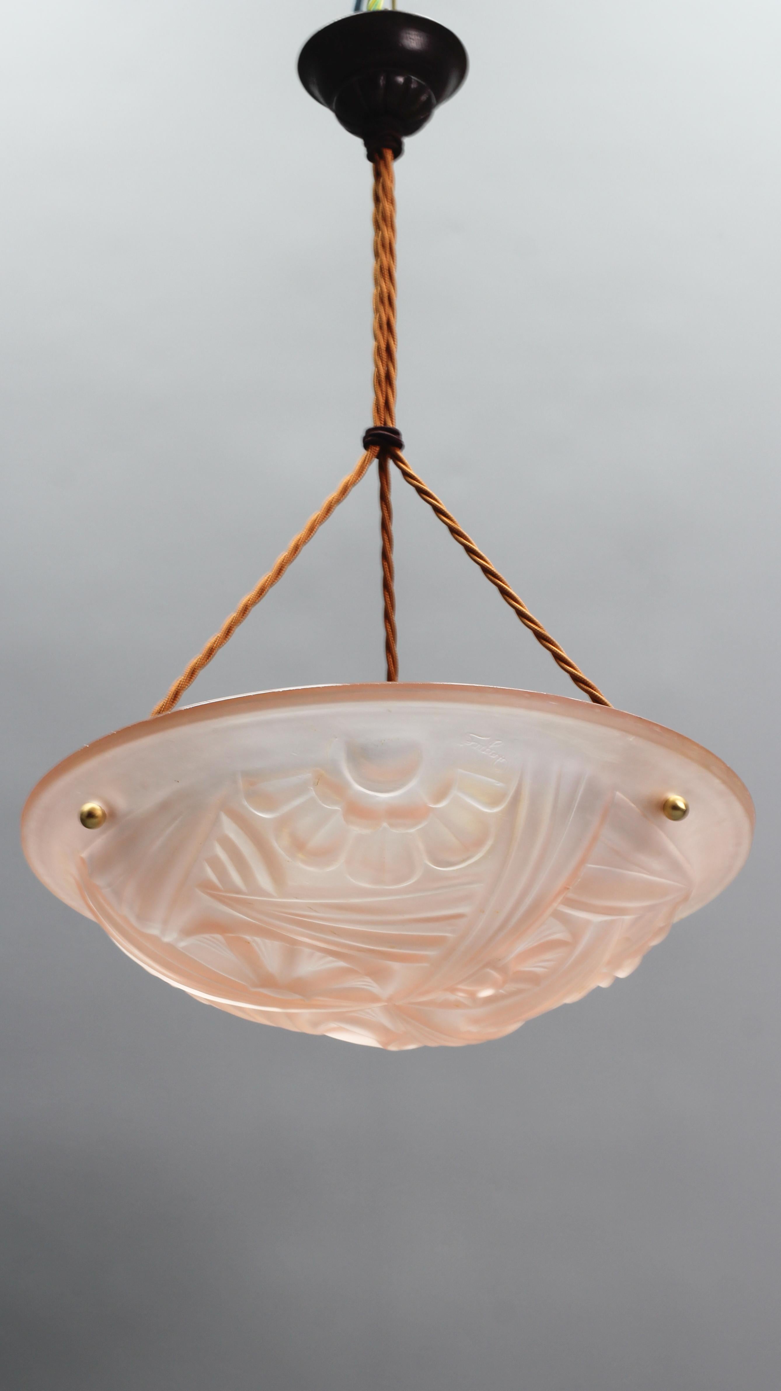 Frosted French Art Deco Pink Glass Three-Light Pendant Light Signed Degue, 1920s