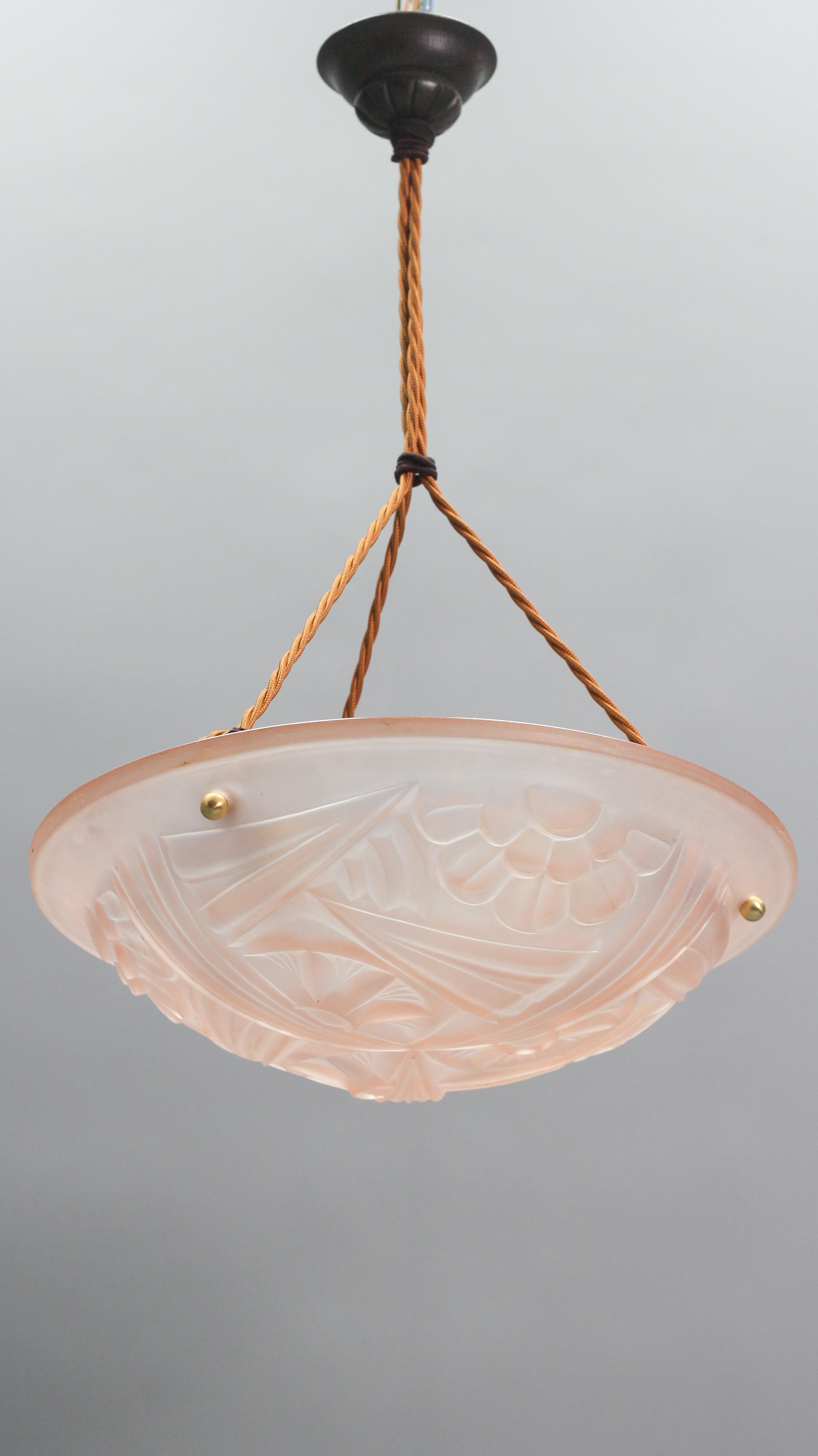 French Art Deco Pink Glass Three-Light Pendant Light Signed Degue, 1920s 1