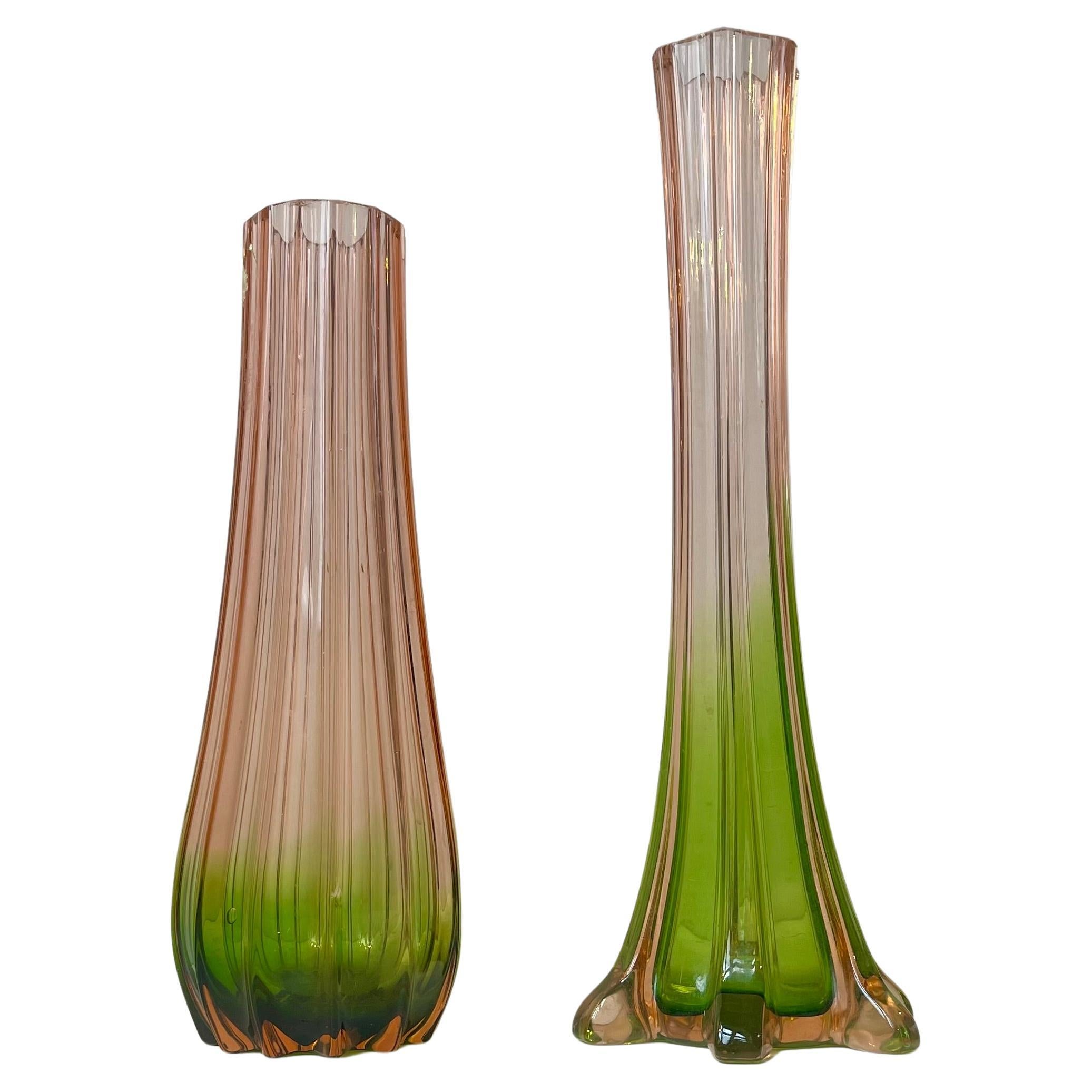 French Art Deco Pink & Green - 'Rubina Verde' Glass Vases, 1920s For Sale
