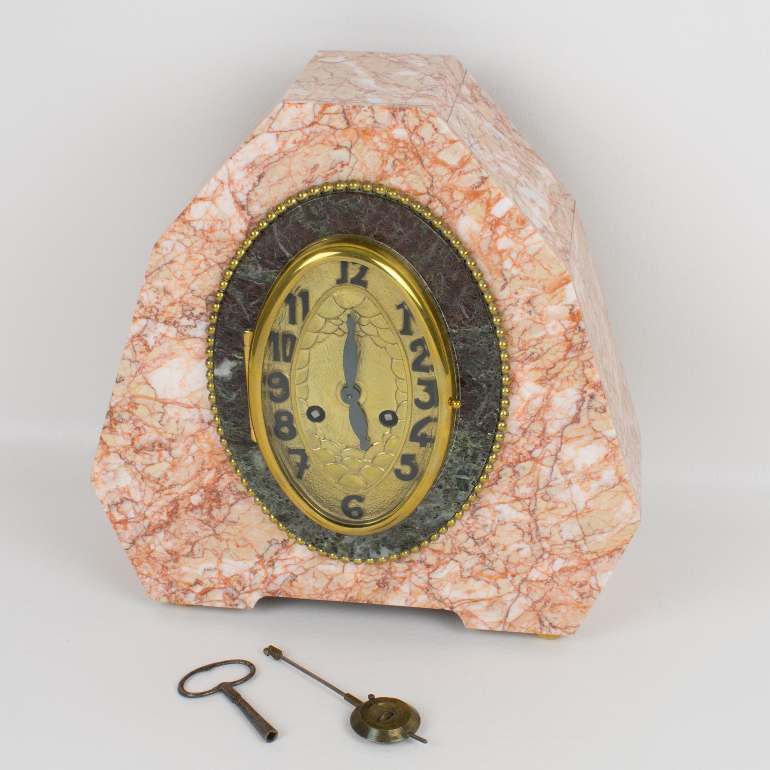Metal French Art Deco Pink Marble Mantel Clock