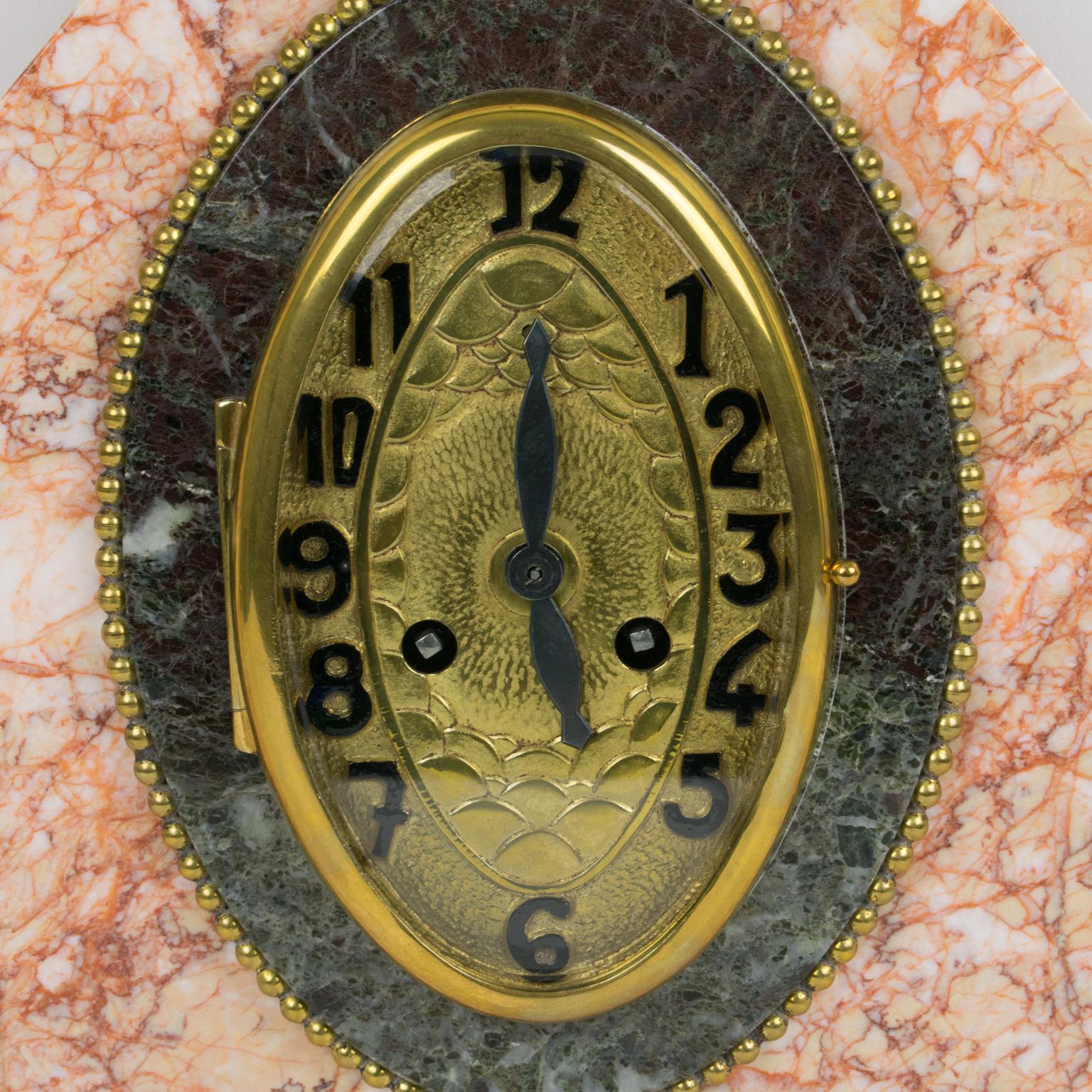 French Art Deco Pink Marble Mantel Clock 1