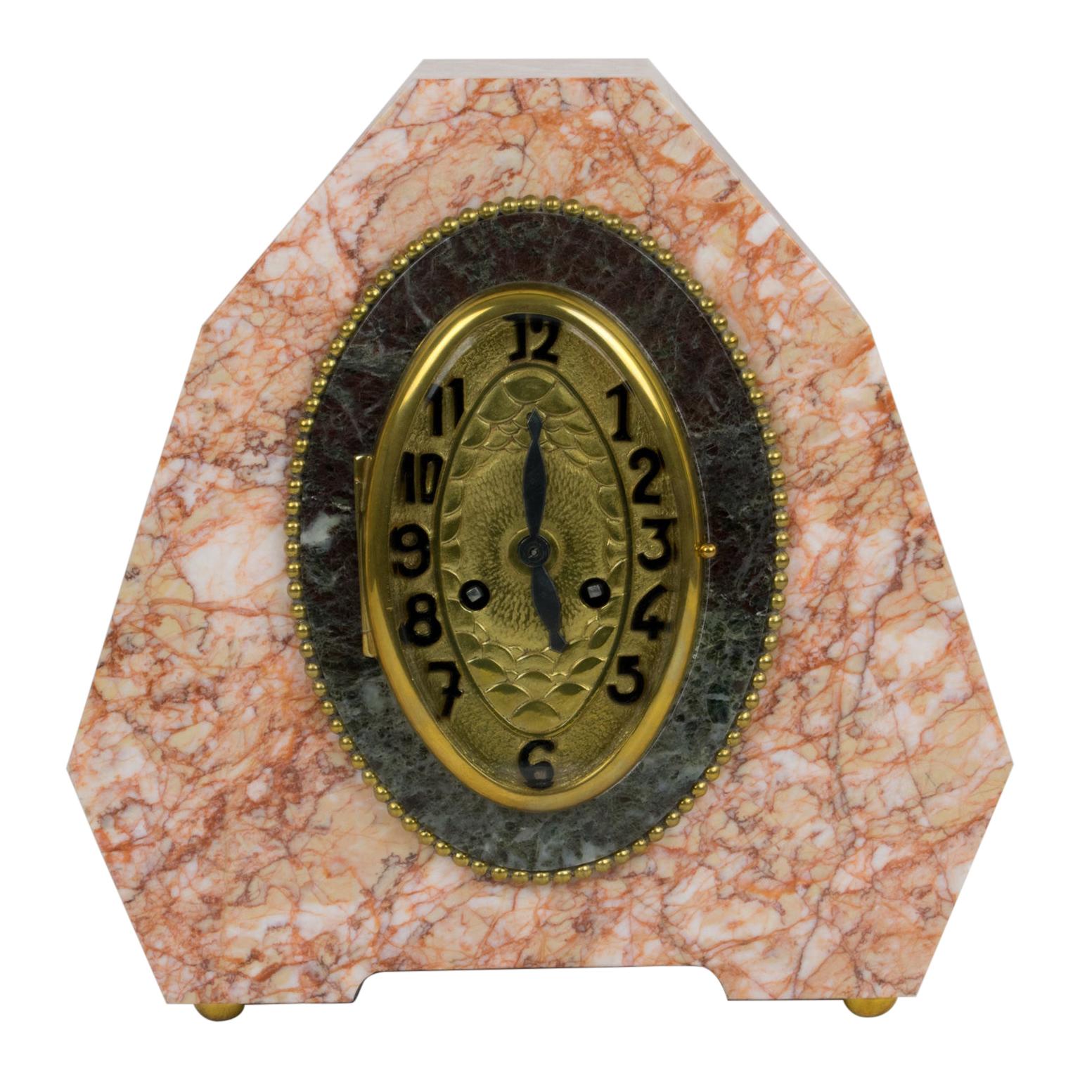 French Art Deco Pink Marble Mantel Clock