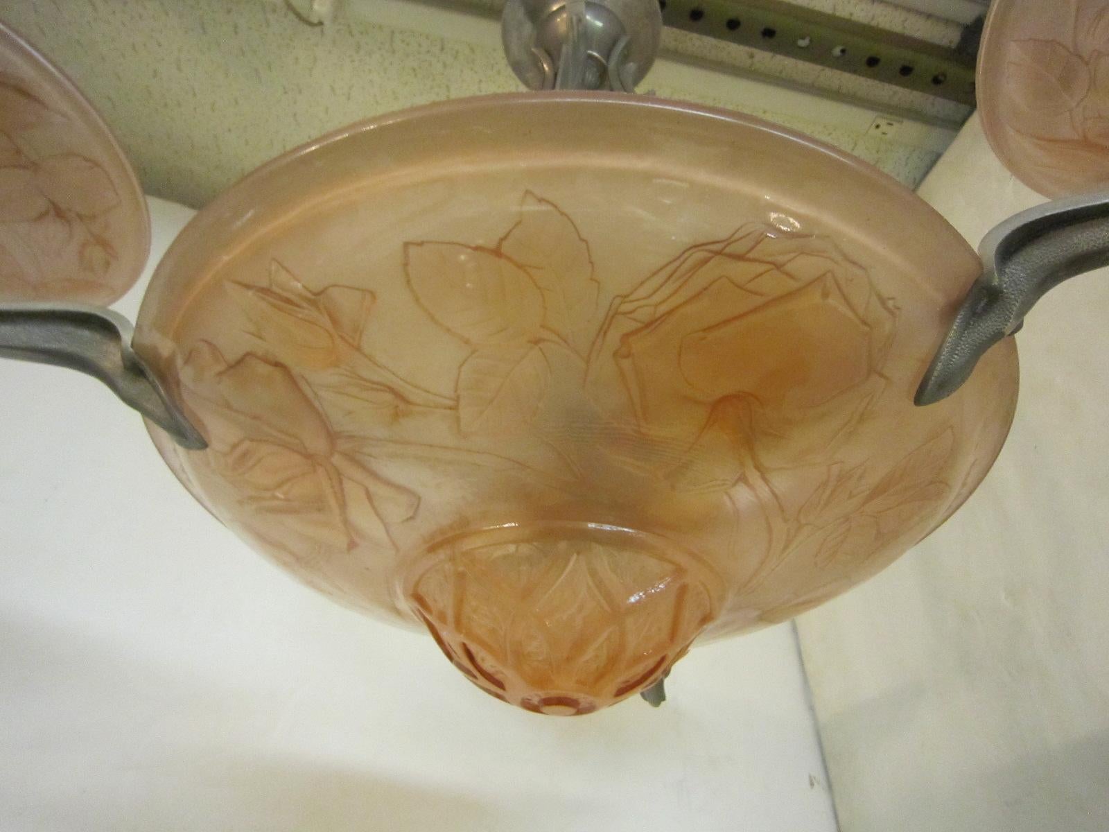 Bronze French Art Deco Pink/ Peach Chandelier with Rose Motif Signed: Verdun For Sale