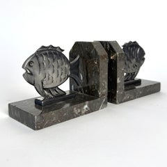 French Art Deco Piranha Bookends in Spelter and Marble, 1930s