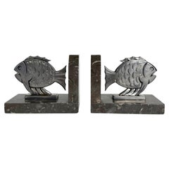 French Art Deco Piranha Bookends in Spelter and Marble, 1930s