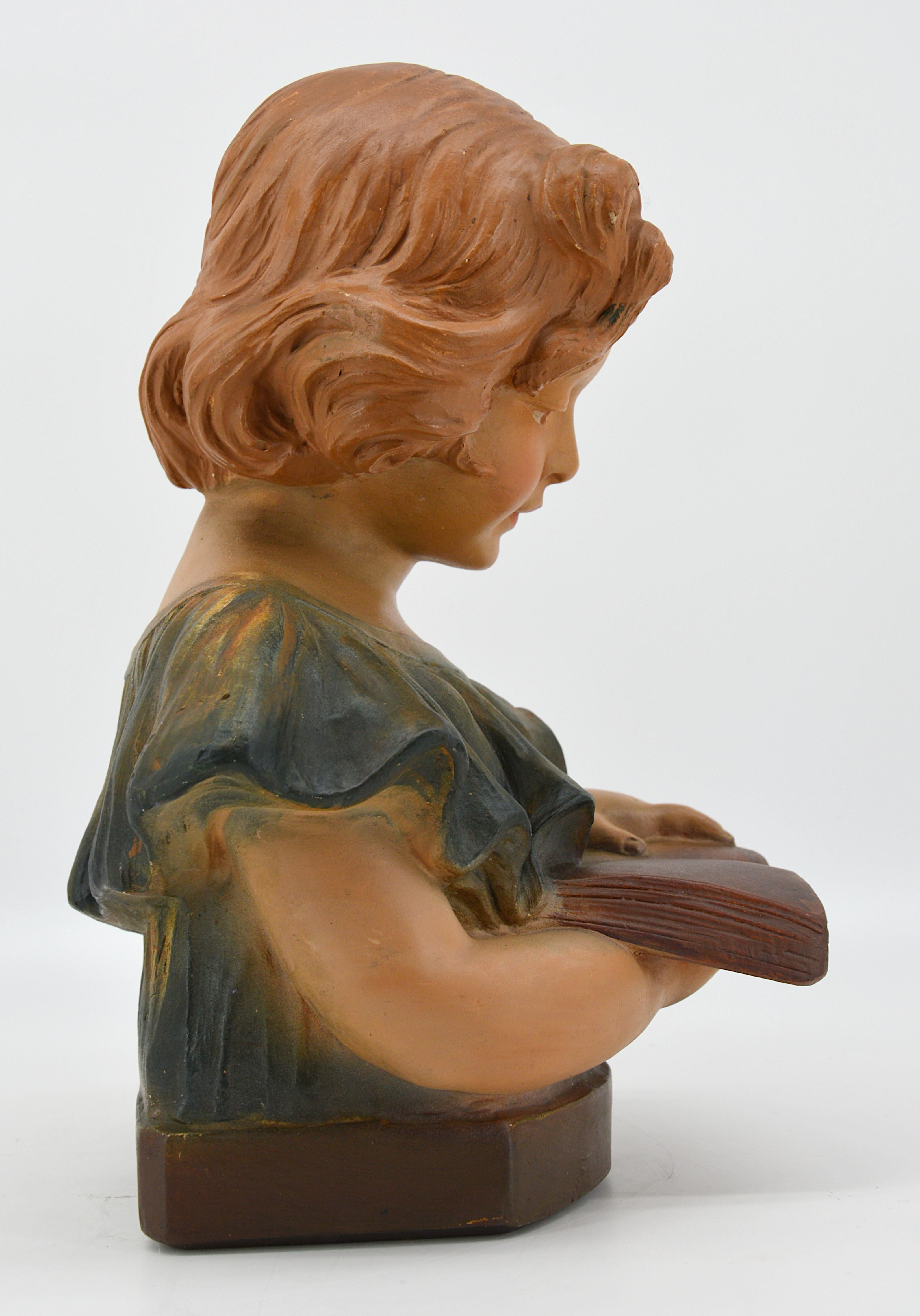 Polychromed French Art Deco Plaster Child Reading a Book Sculpture, 1920s For Sale