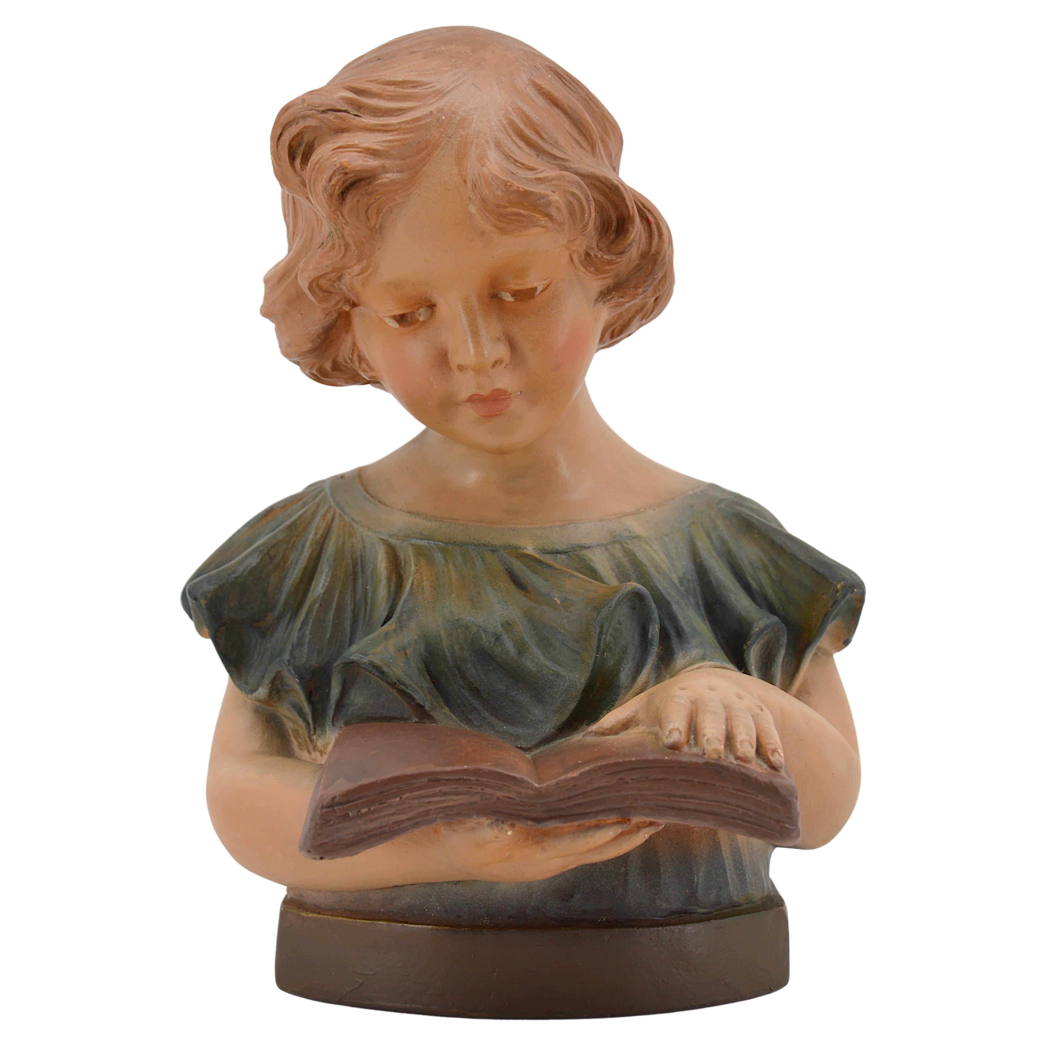 French Art Deco Plaster Child Reading a Book Sculpture, 1920s For Sale