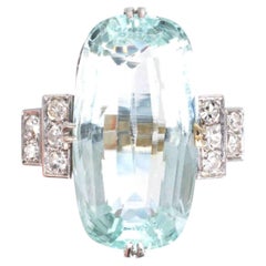 French Art Deco Platinum 12 Carat Aquamarine and Diamond Ring