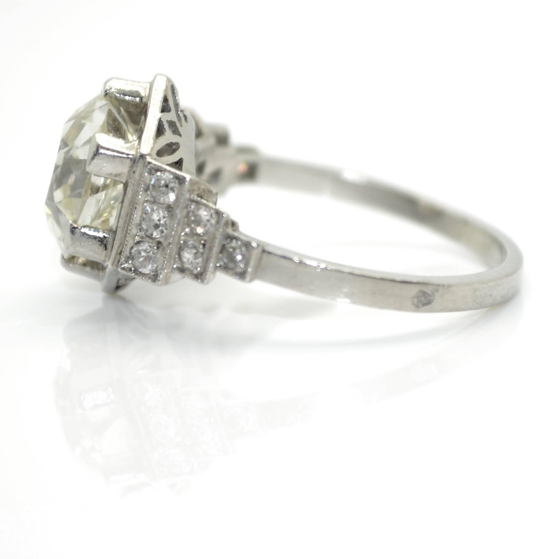 Old European Cut French Art Deco Platinum 3.50 Carat Diamond Solitaire Engagement Ring circa 1930 For Sale