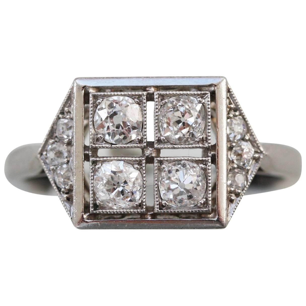 French Art Deco Platinum and Diamond Square Ring
