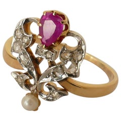 French Art Deco Platinum and Yellow Gold Diamond, Pearl and Ruby Ring
