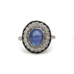 French Art Deco Platinum Cabochon Sapphire Diamond Ring