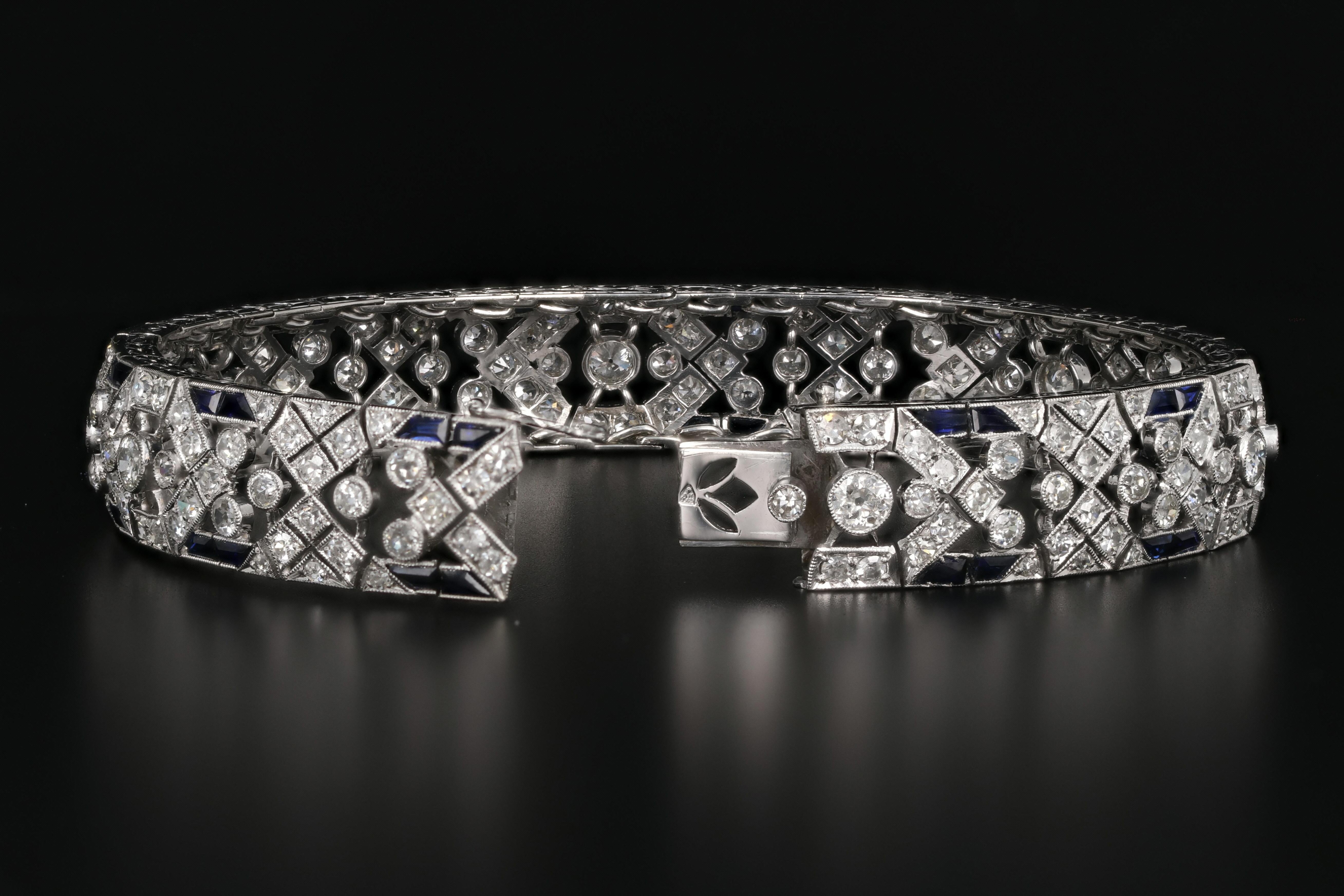 Women's French Art Deco Platinum Diamond and Sapphire Bracelet, circa 1920s